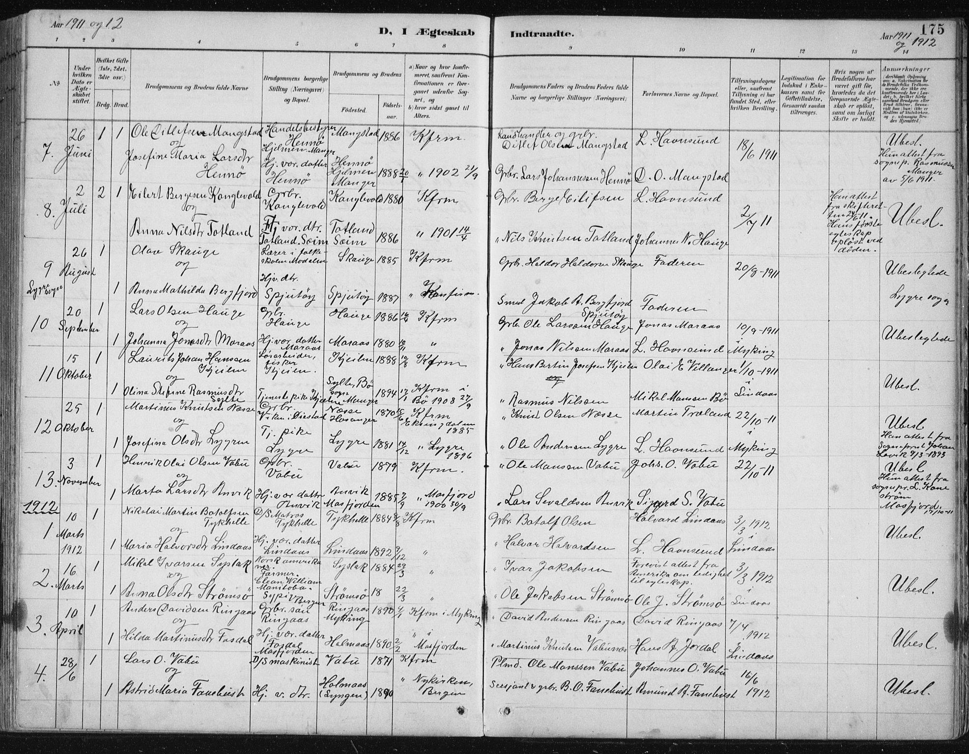 Lindås Sokneprestembete, SAB/A-76701/H/Hab: Parish register (copy) no. B 3, 1886-1914, p. 175