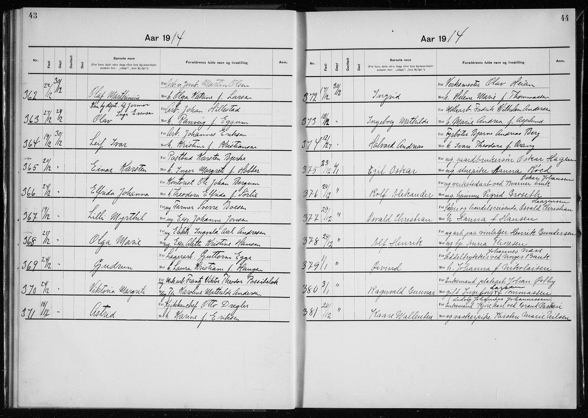 Rikshospitalet prestekontor Kirkebøker, AV/SAO-A-10309b/K/L0007/0003: Baptism register no. 7.3, 1914-1915, p. 43-44