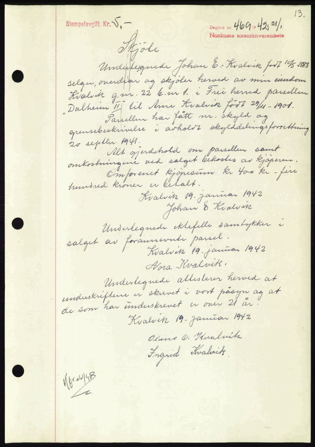 Nordmøre sorenskriveri, AV/SAT-A-4132/1/2/2Ca: Mortgage book no. A92, 1942-1942, Diary no: : 469/1942