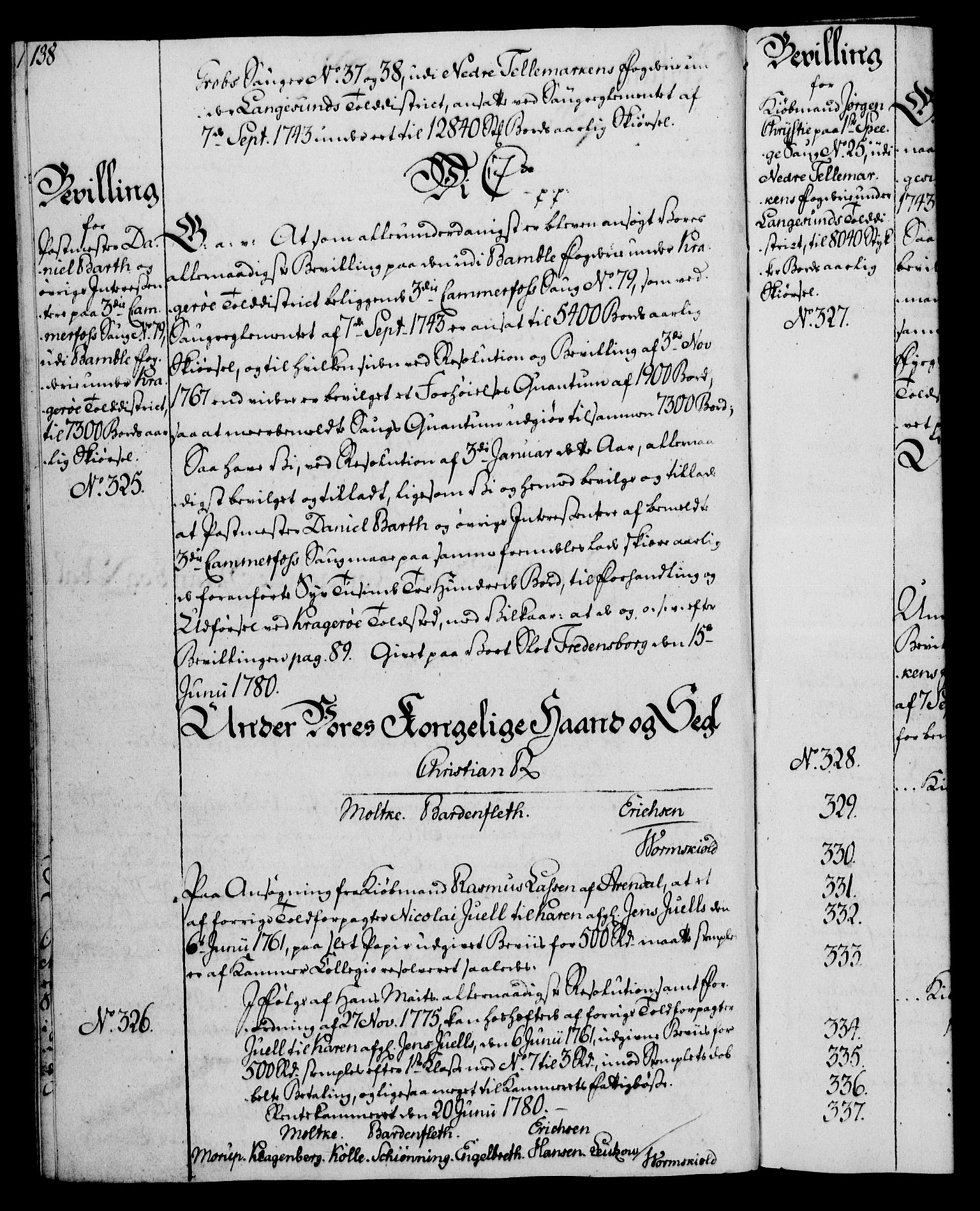 Rentekammeret, Kammerkanselliet, RA/EA-3111/G/Gg/Gga/L0011: Norsk ekspedisjonsprotokoll med register (merket RK 53.11), 1779-1781, p. 138