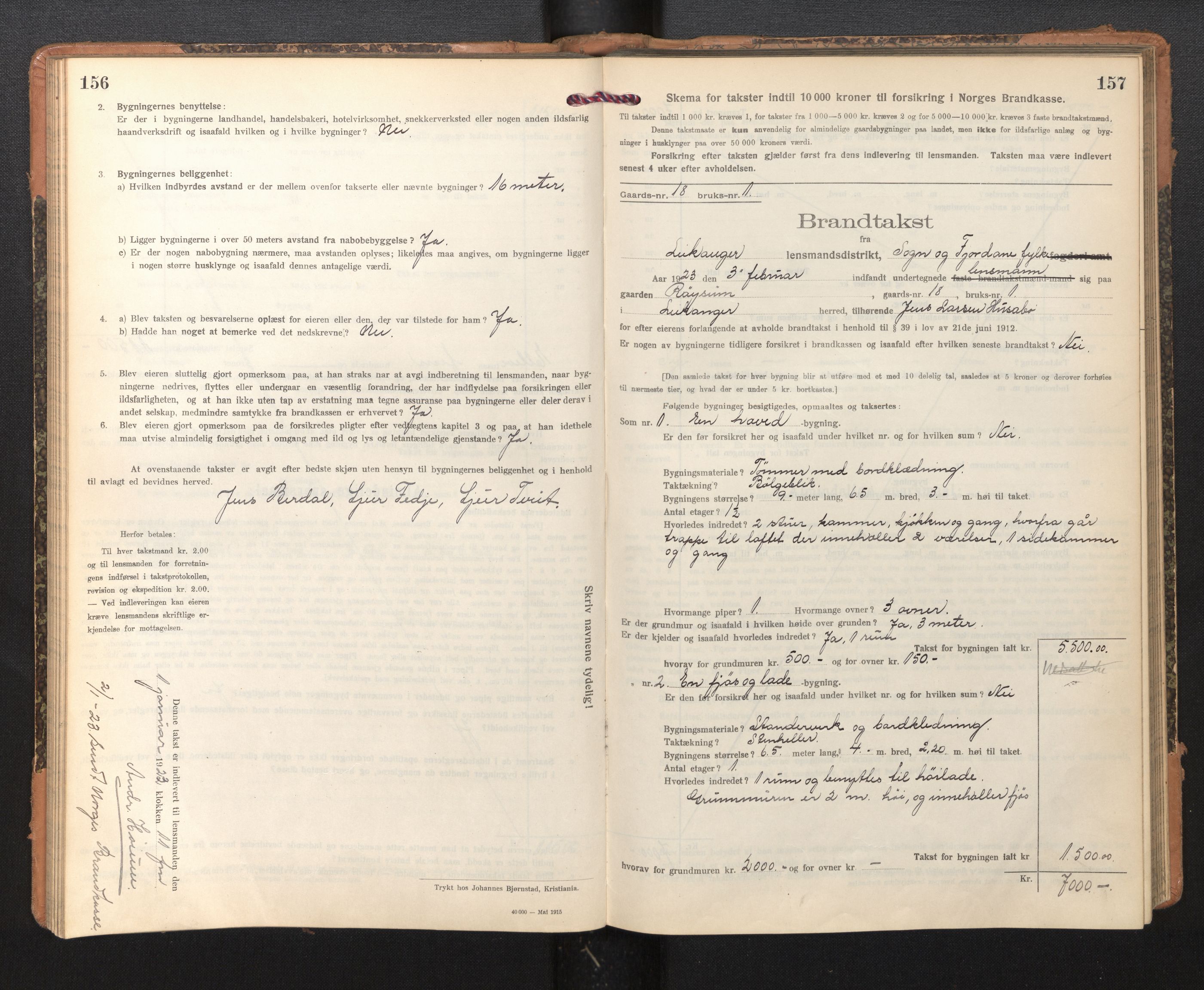 Lensmannen i Leikanger, SAB/A-29201/0012/L0006: Branntakstprotokoll, skjematakst, 1920-1926, p. 156-157