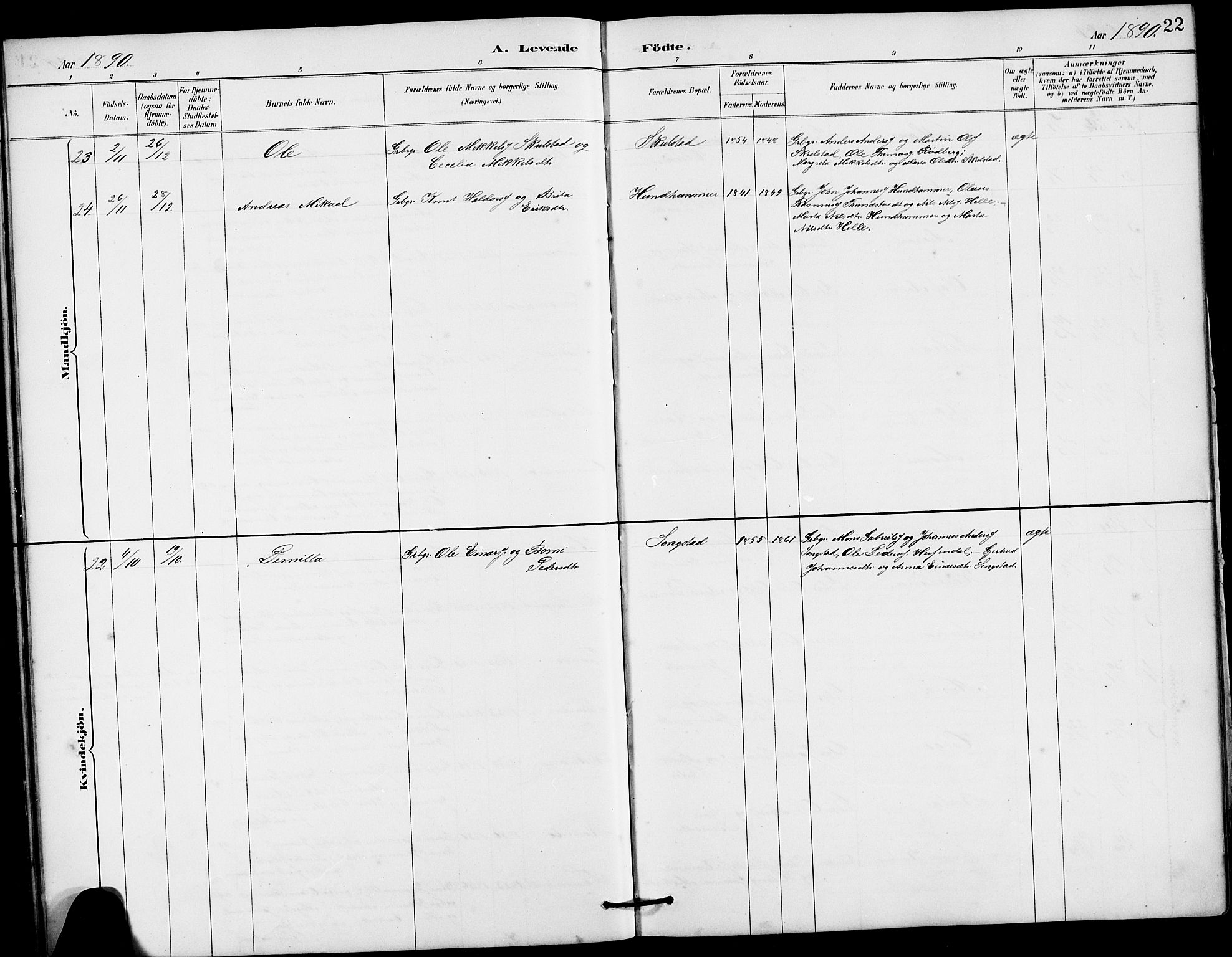 Haus sokneprestembete, AV/SAB-A-75601/H/Hab: Parish register (copy) no. B 3, 1885-1899, p. 22