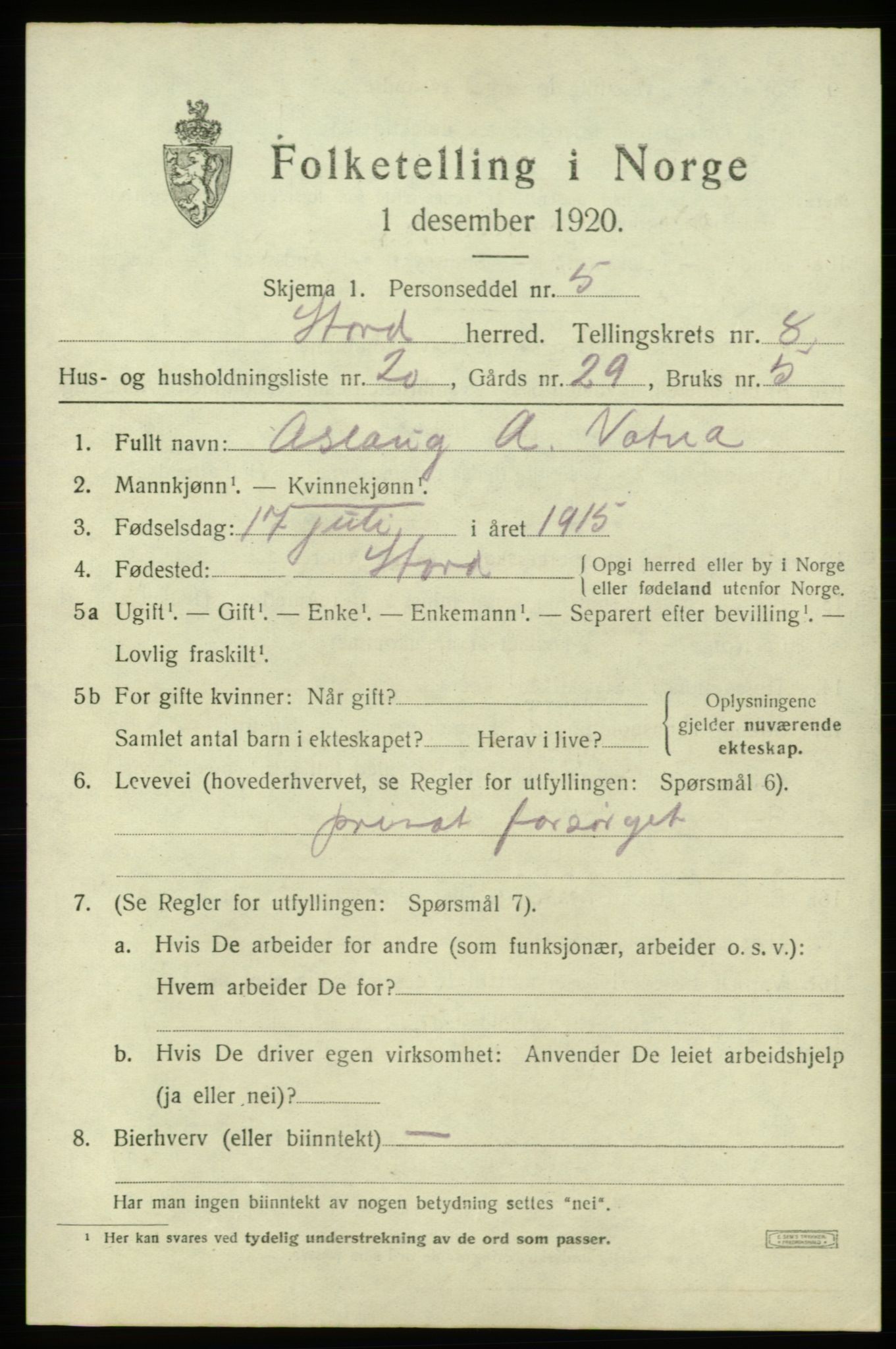 SAB, 1920 census for Stord, 1920, p. 4705