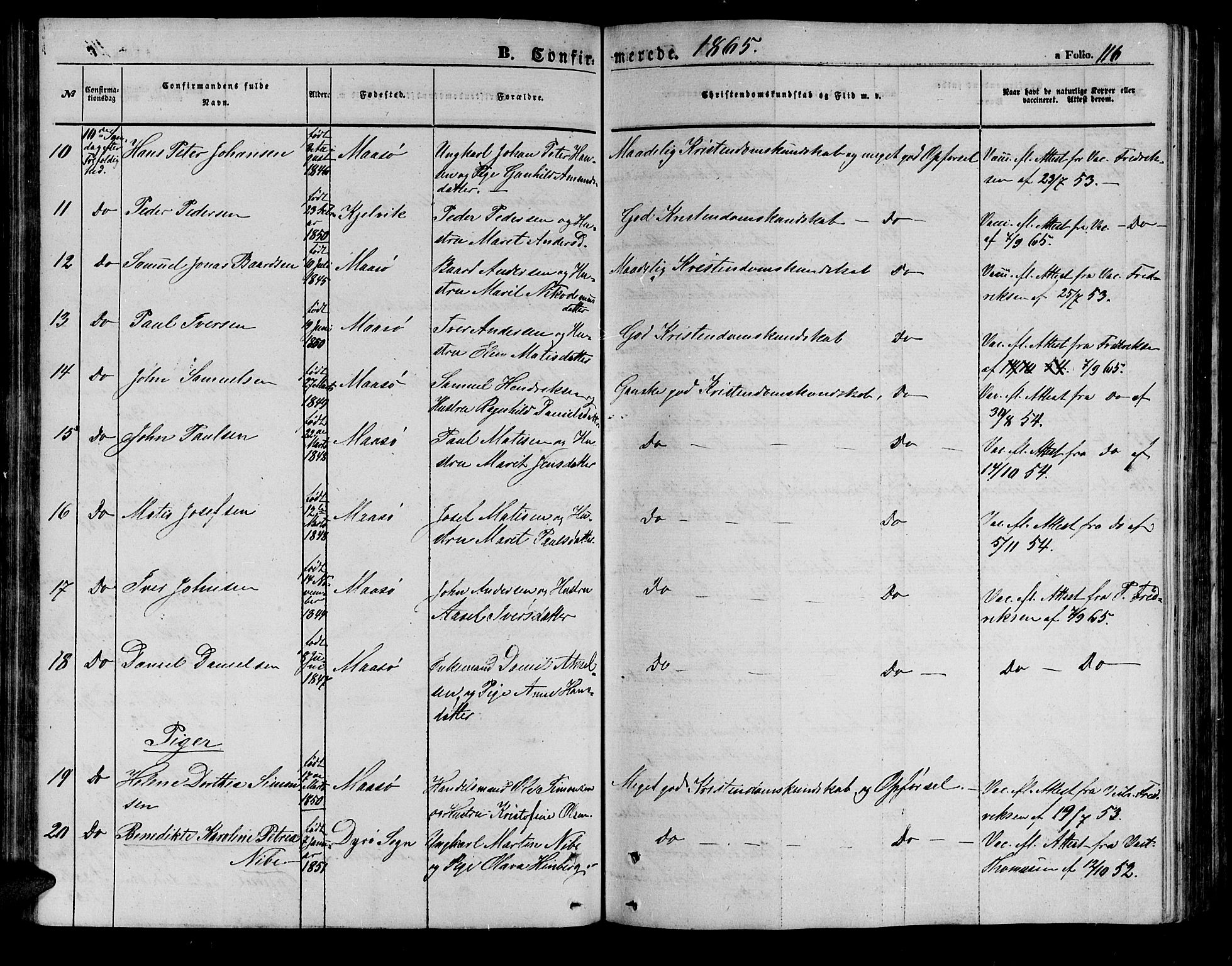 Måsøy sokneprestkontor, AV/SATØ-S-1348/H/Hb/L0001klokker: Parish register (copy) no. 1, 1852-1877, p. 116