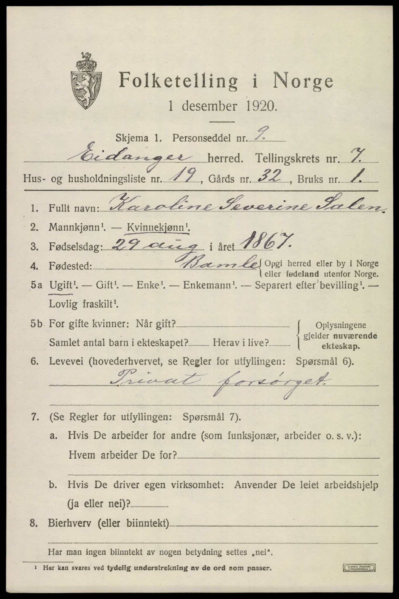 SAKO, 1920 census for Eidanger, 1920, p. 5428