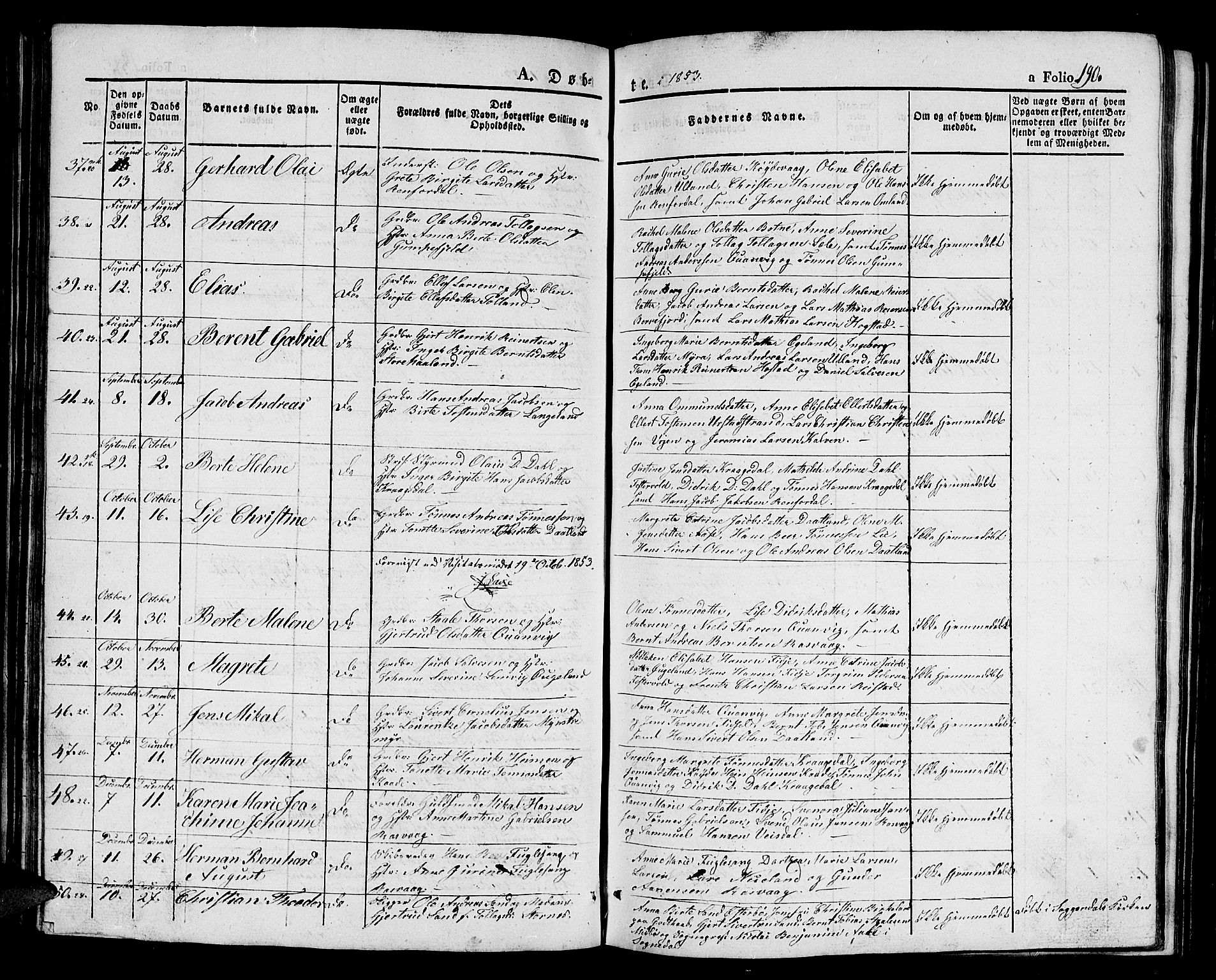 Flekkefjord sokneprestkontor, AV/SAK-1111-0012/F/Fb/Fbb/L0002: Parish register (copy) no. B 2a, 1831-1866, p. 190