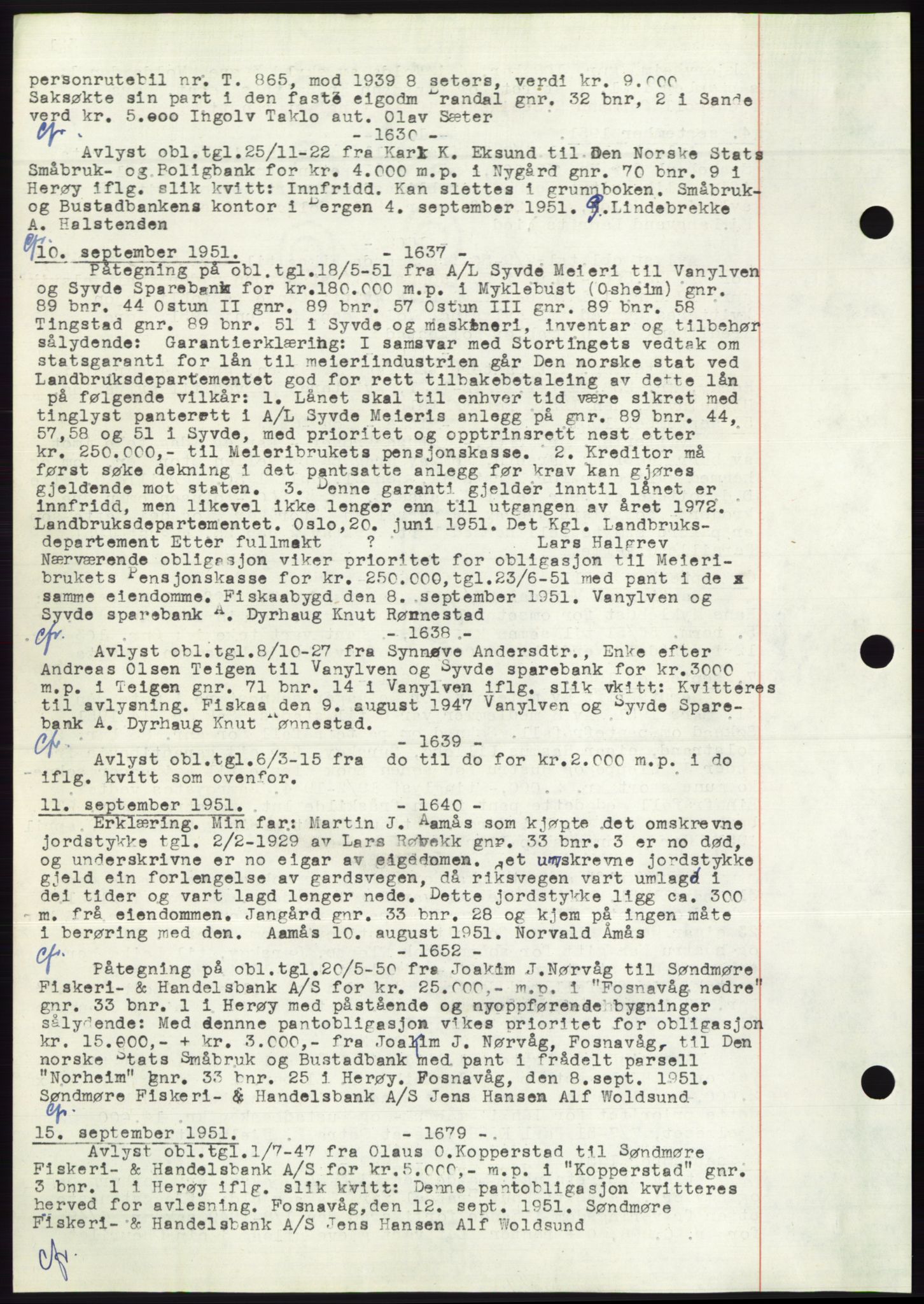 Søre Sunnmøre sorenskriveri, AV/SAT-A-4122/1/2/2C/L0072: Mortgage book no. 66, 1941-1955, Diary no: : 1630/1951