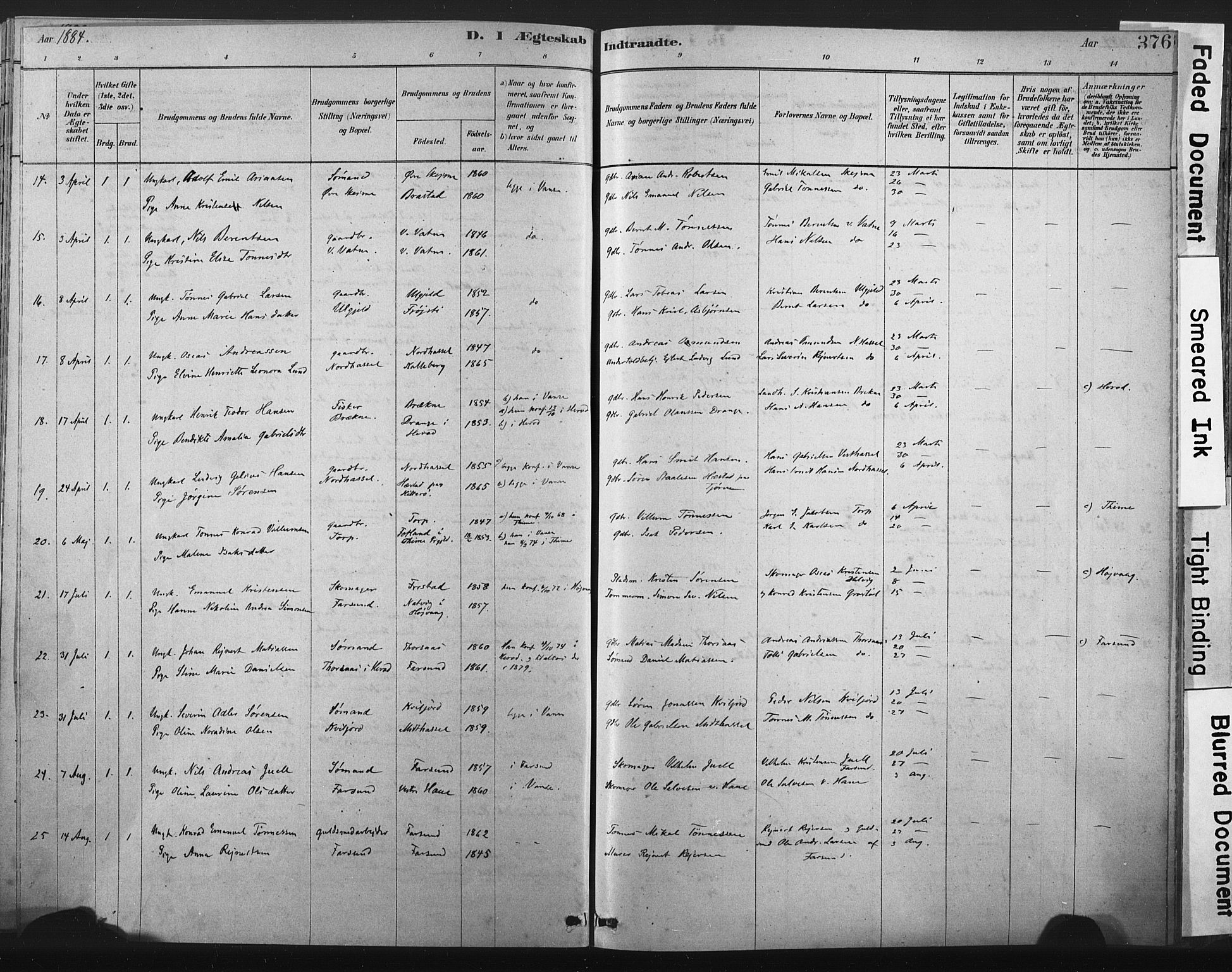 Lista sokneprestkontor, AV/SAK-1111-0027/F/Fa/L0012: Parish register (official) no. A 12, 1879-1903, p. 376