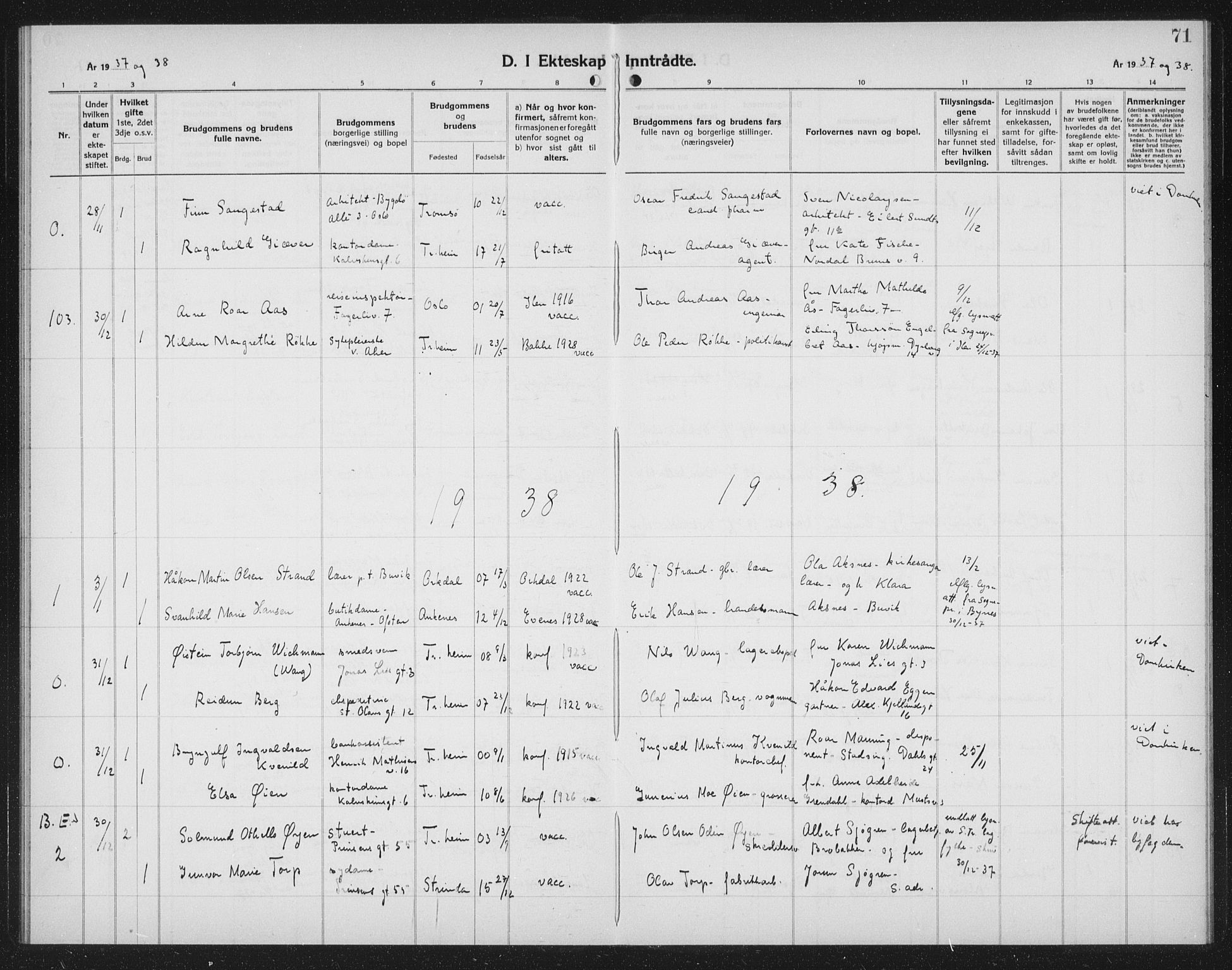 Ministerialprotokoller, klokkerbøker og fødselsregistre - Sør-Trøndelag, AV/SAT-A-1456/602/L0152: Parish register (copy) no. 602C20, 1933-1940, p. 71