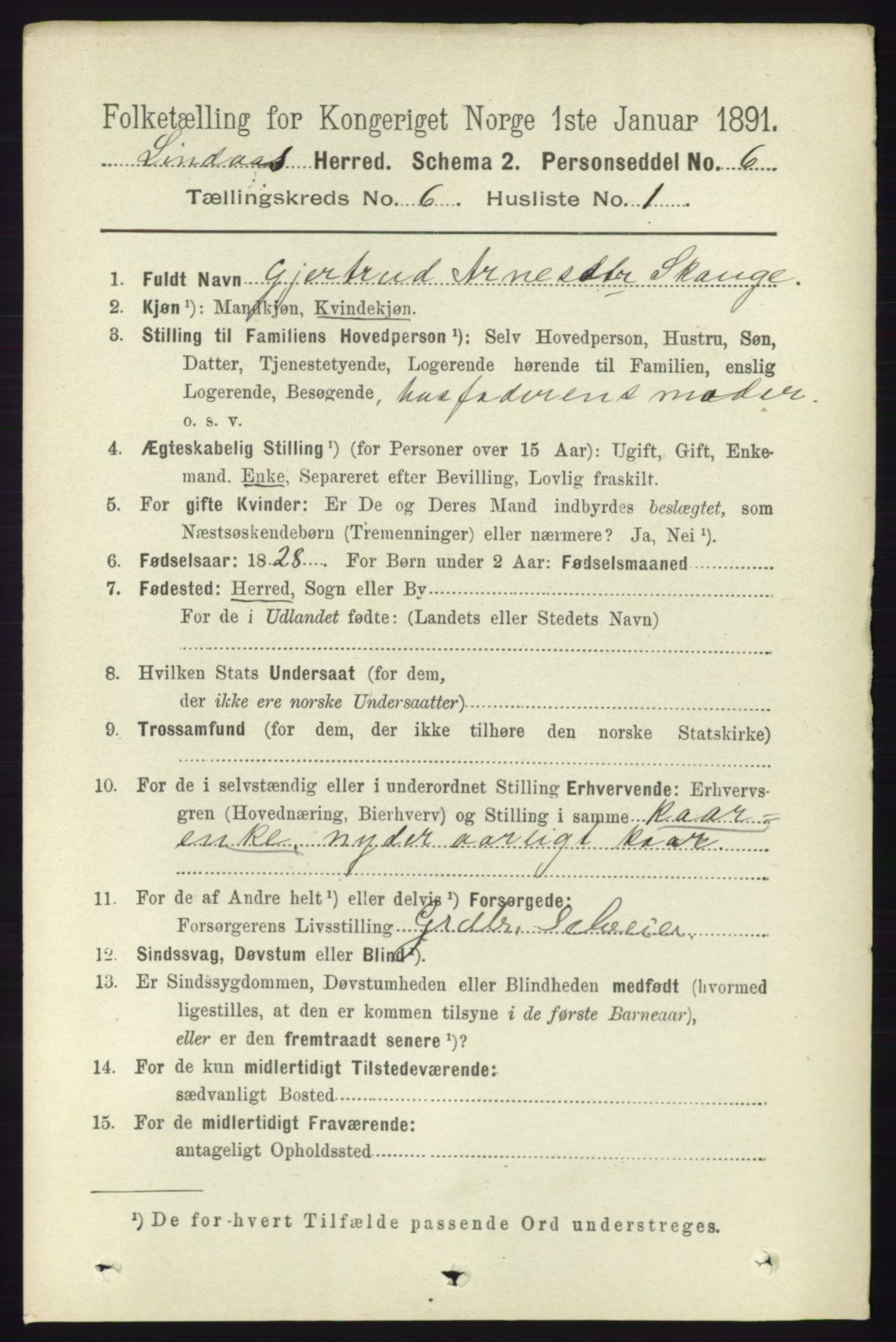 RA, 1891 census for 1263 Lindås, 1891, p. 1853