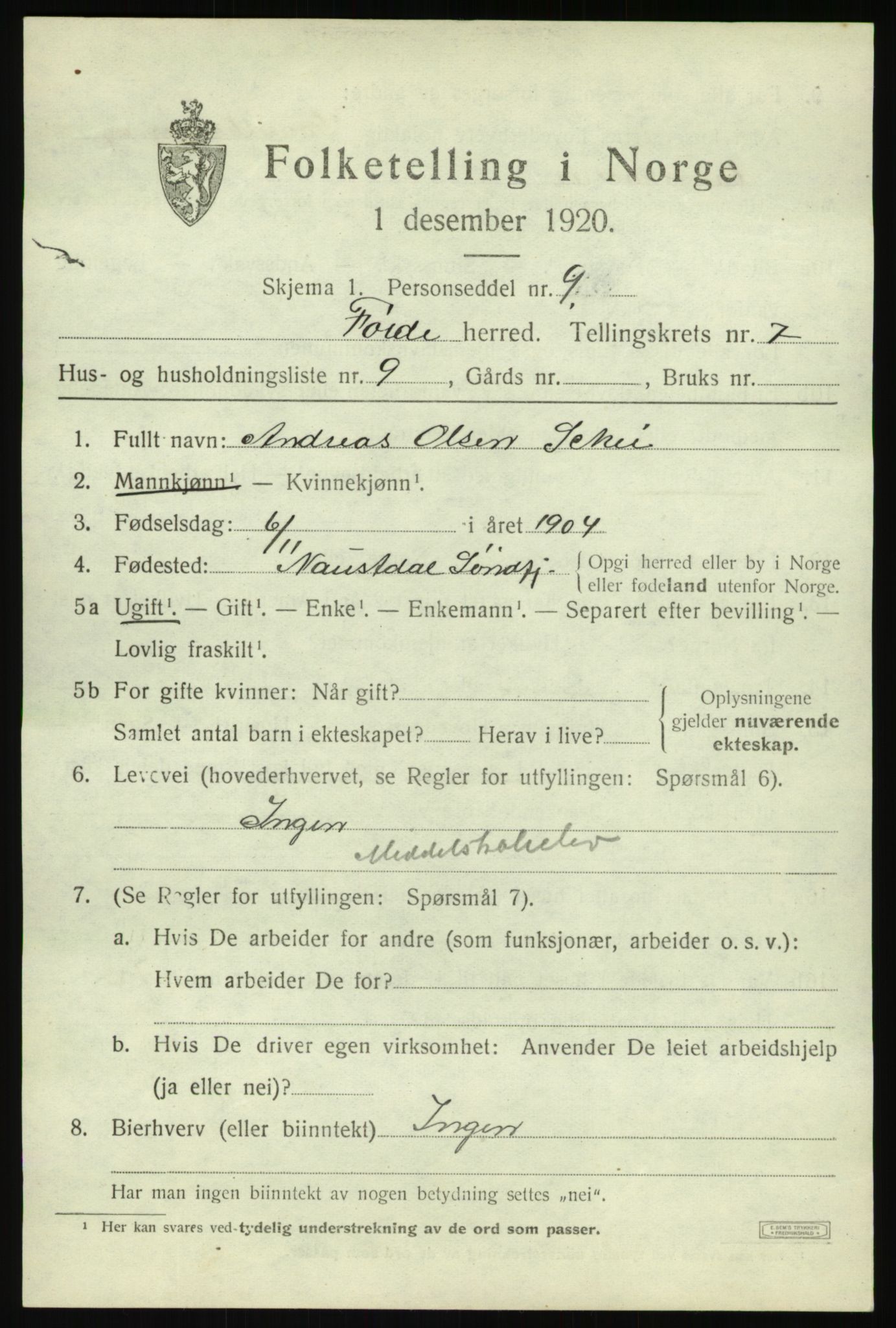SAB, 1920 census for Førde, 1920, p. 2500