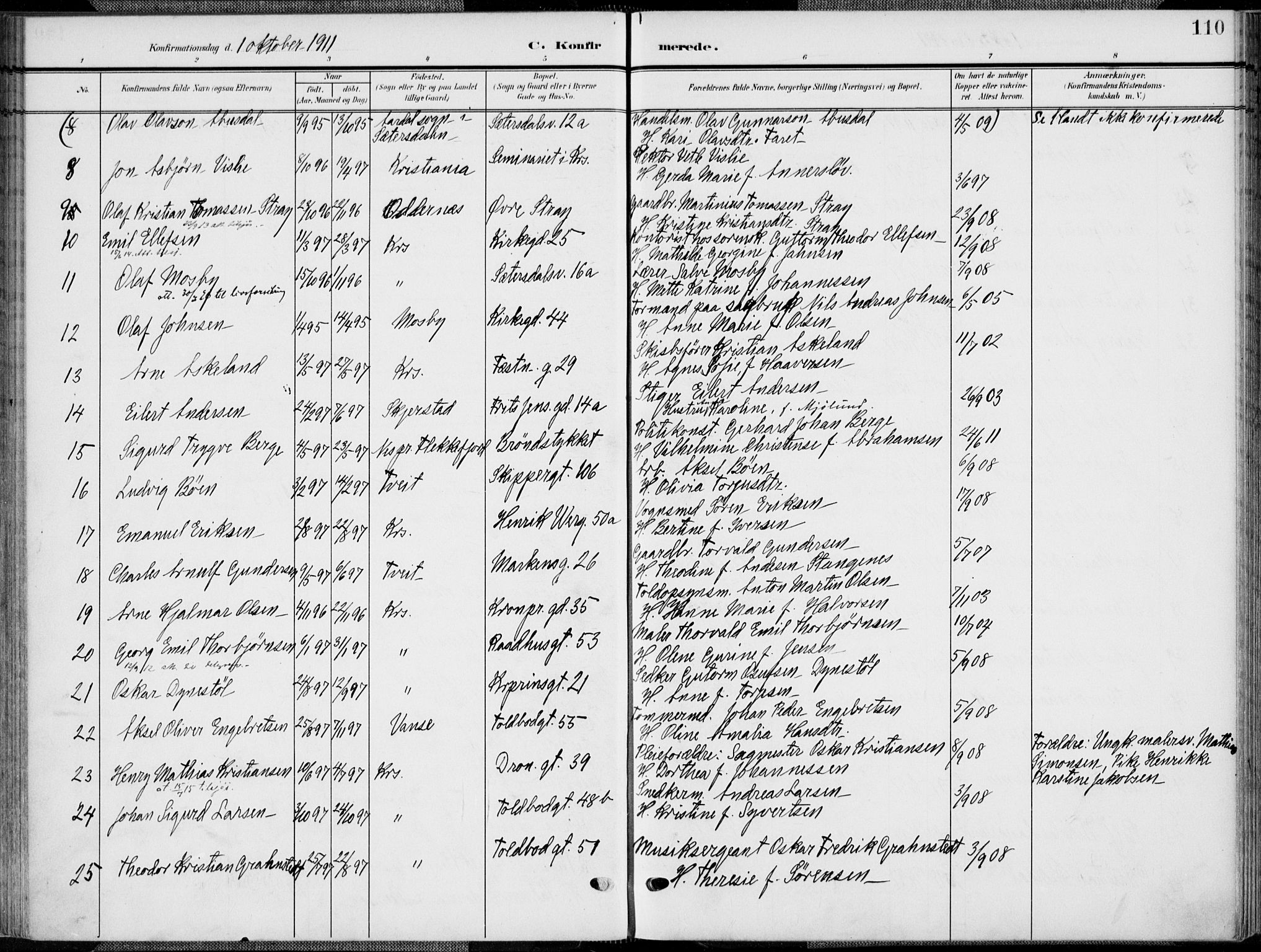 Kristiansand domprosti, SAK/1112-0006/F/Fa/L0022: Parish register (official) no. A 21, 1905-1916, p. 110