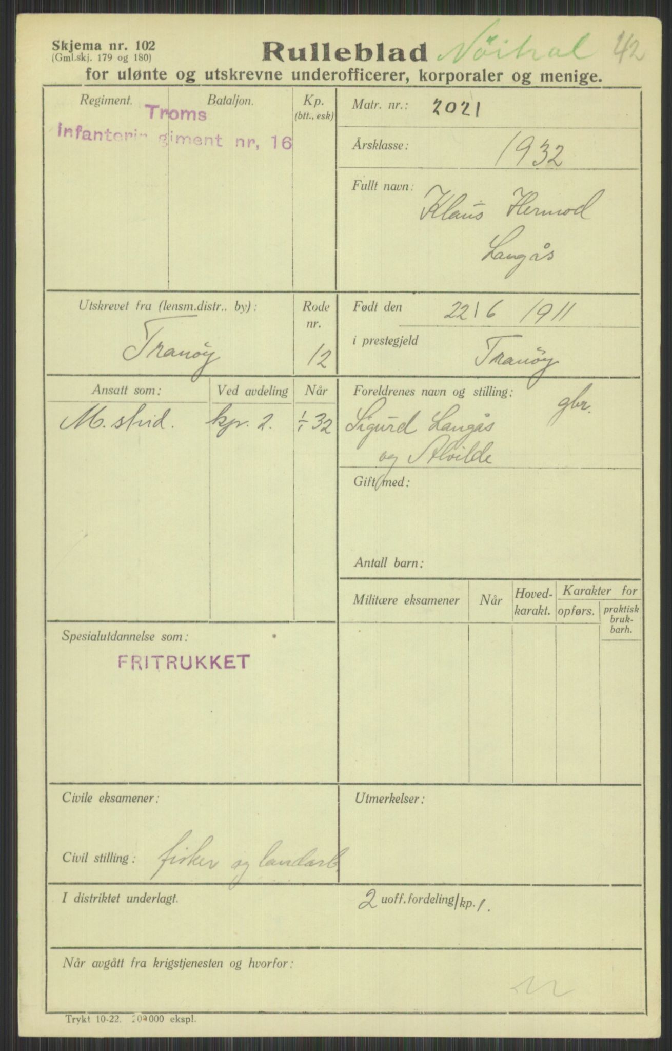 Forsvaret, Troms infanteriregiment nr. 16, AV/RA-RAFA-3146/P/Pa/L0016: Rulleblad for regimentets menige mannskaper, årsklasse 1932, 1932, p. 919