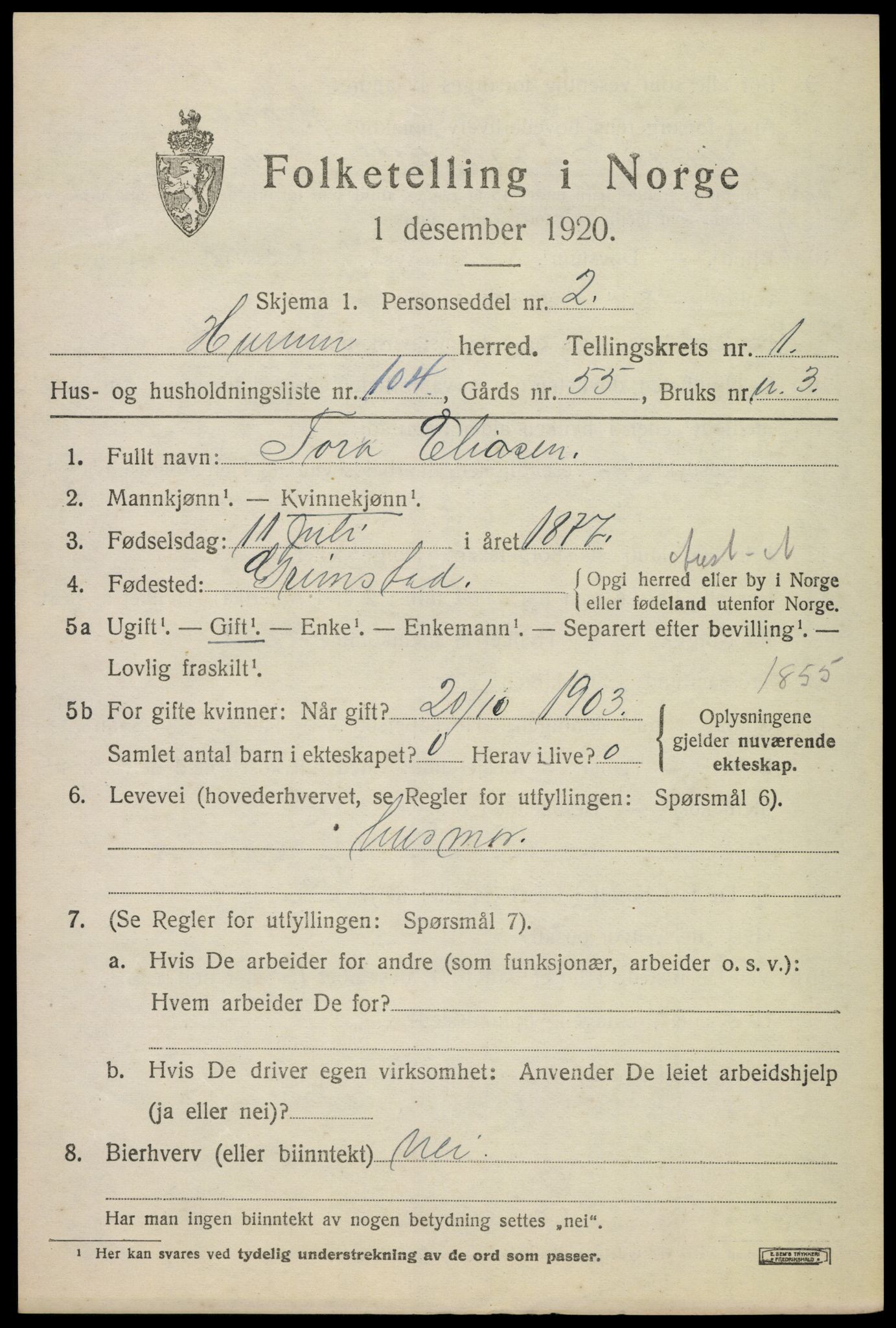 SAKO, 1920 census for Hurum, 1920, p. 3096