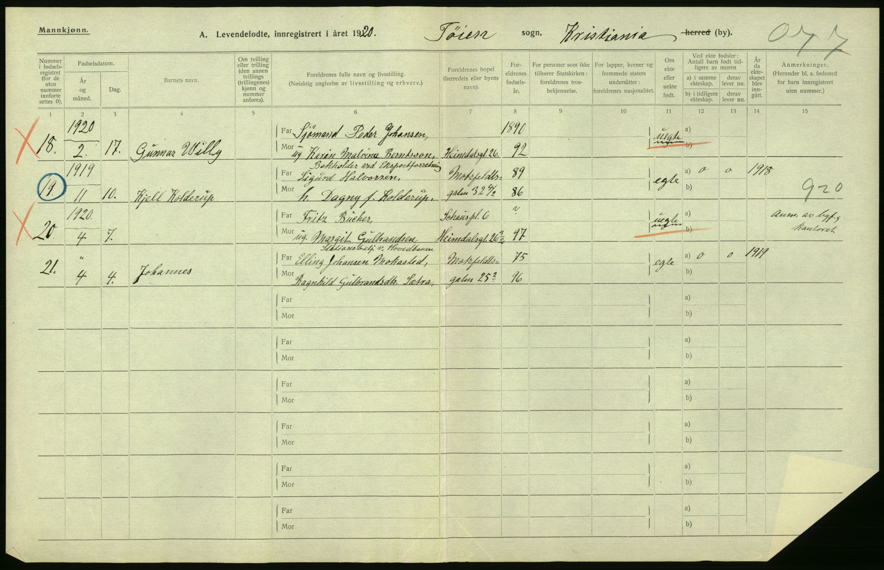 Statistisk sentralbyrå, Sosiodemografiske emner, Befolkning, AV/RA-S-2228/D/Df/Dfb/Dfbj/L0009: Kristiania: Levendefødte menn og kvinner., 1920, p. 8