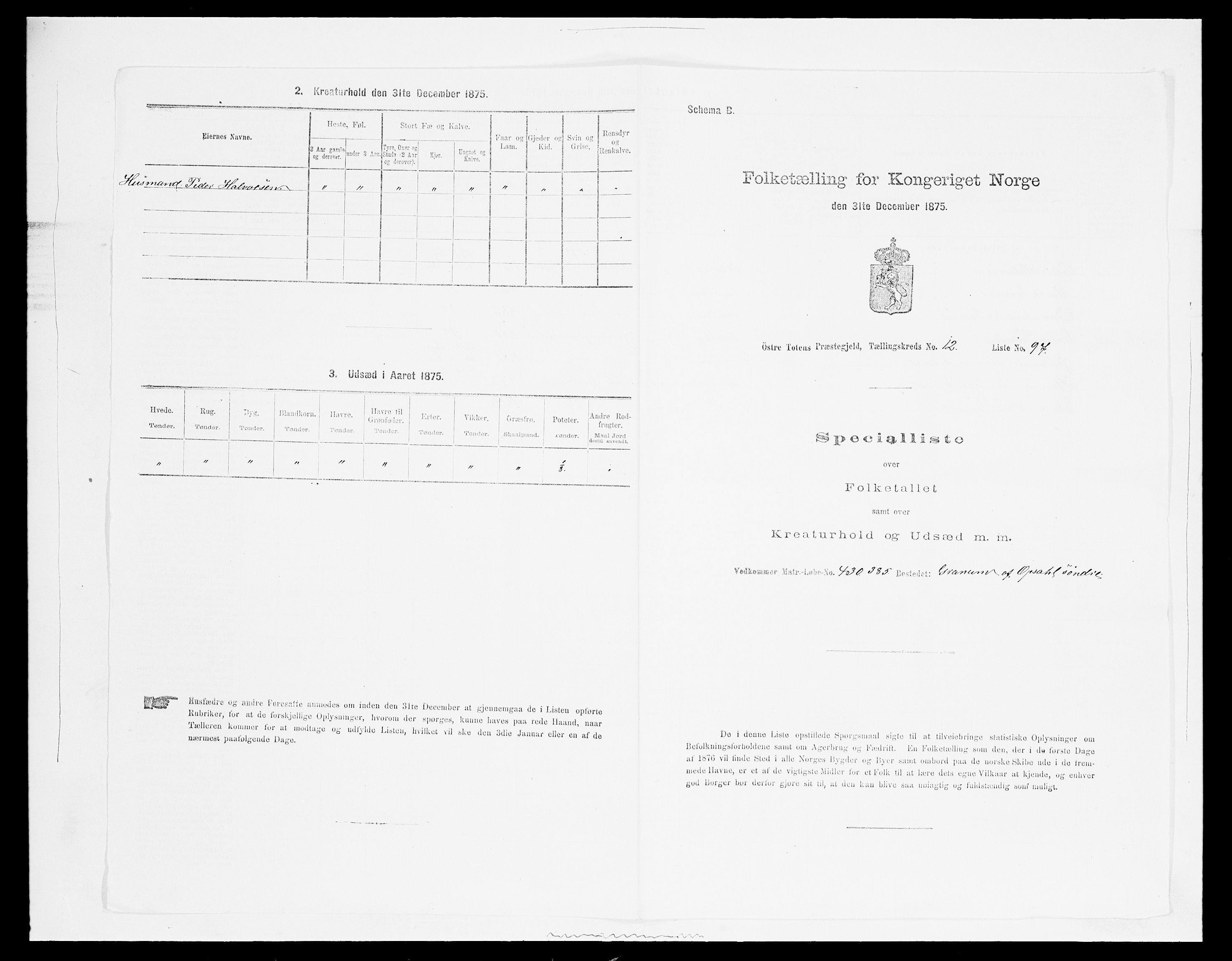 SAH, 1875 census for 0528P Østre Toten, 1875, p. 2382