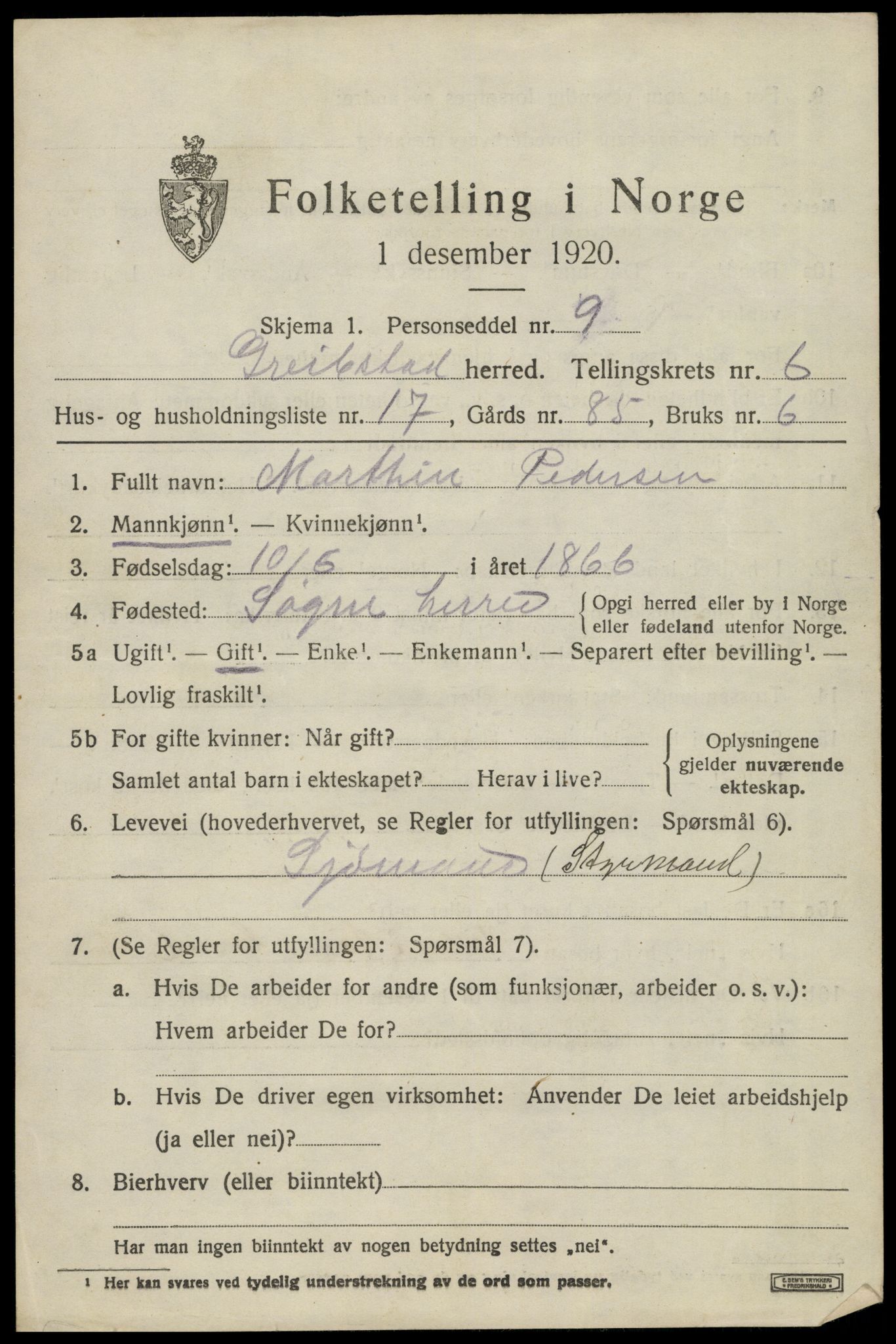 SAK, 1920 census for Greipstad, 1920, p. 2086
