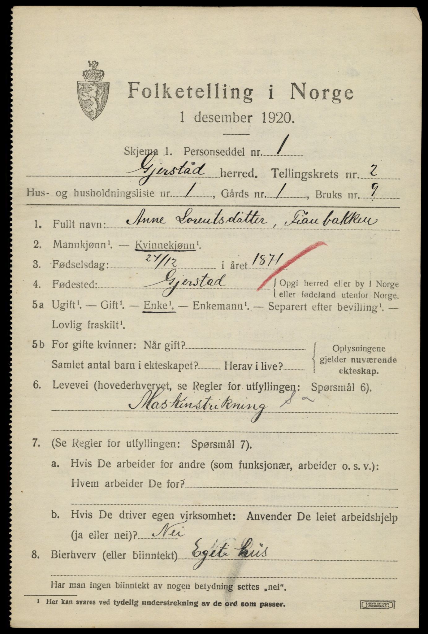 SAK, 1920 census for Gjerstad, 1920, p. 1439