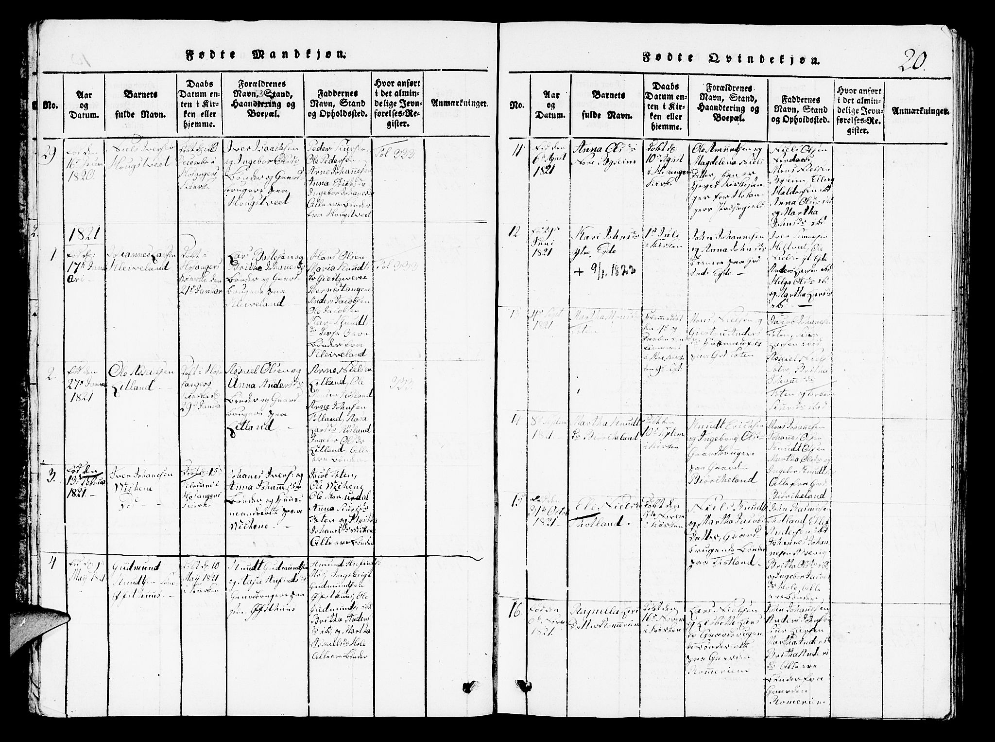 Hosanger sokneprestembete, AV/SAB-A-75801/H/Hab: Parish register (copy) no. A 1 /1, 1816-1856, p. 20