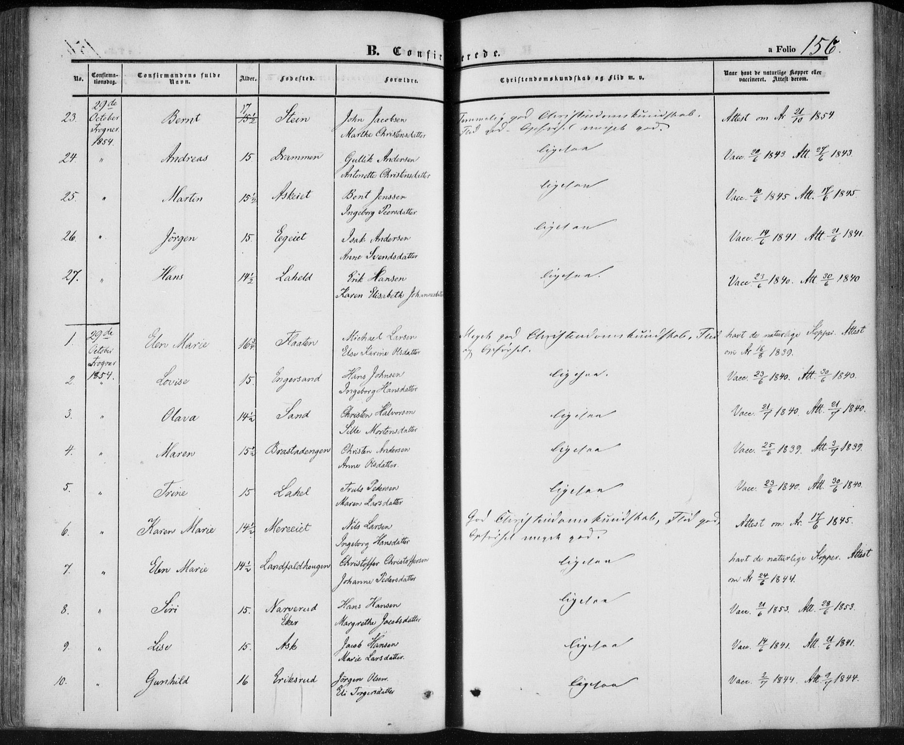 Lier kirkebøker, SAKO/A-230/F/Fa/L0012: Parish register (official) no. I 12, 1854-1864, p. 156