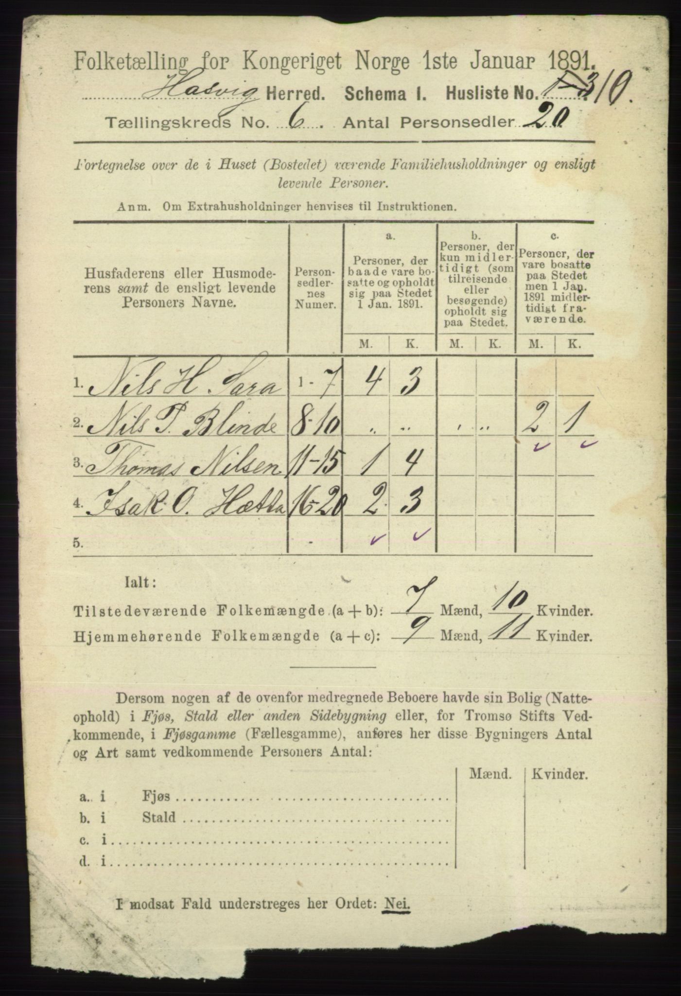 RA, 1891 census for 2015 Hasvik, 1891, p. 864