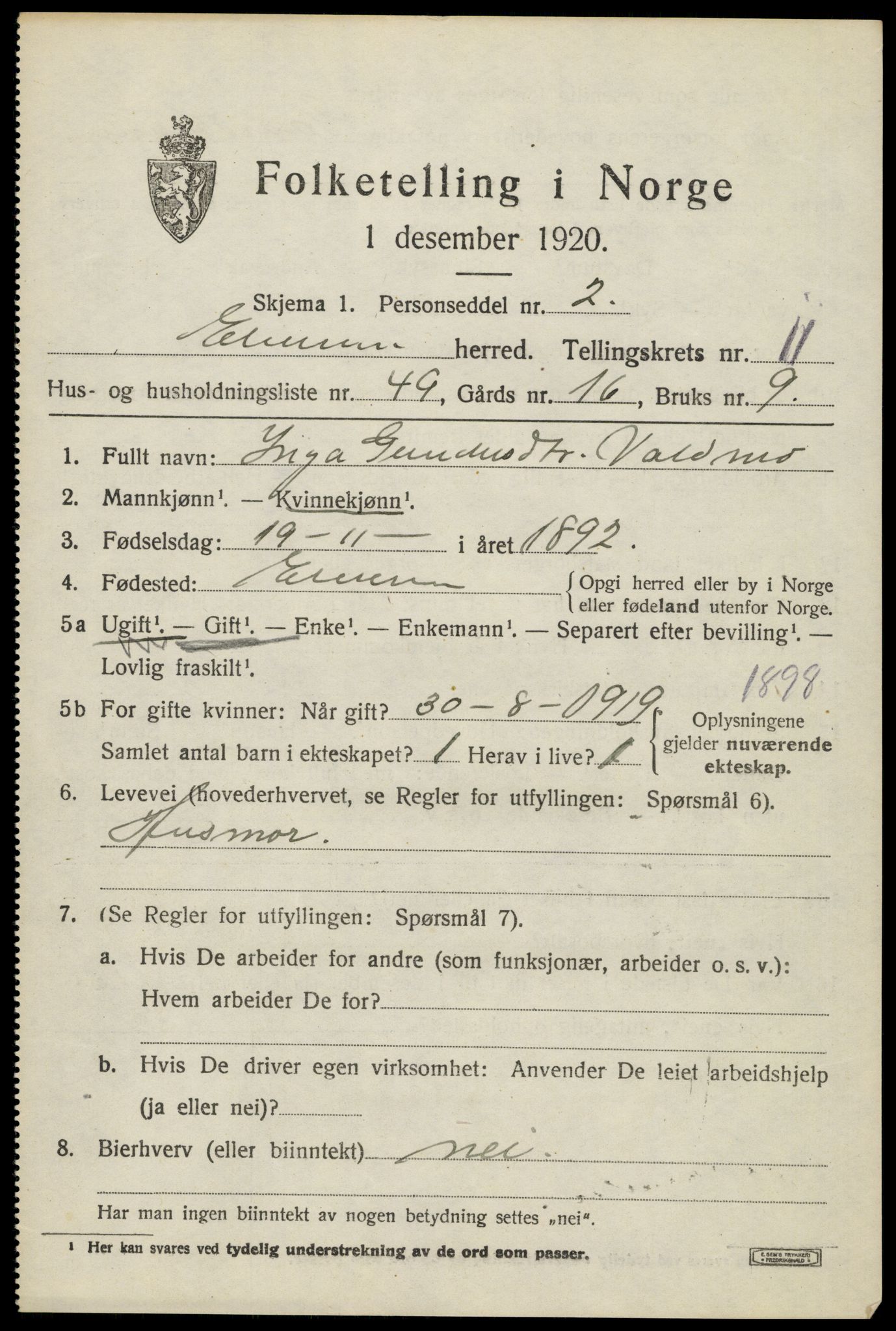 SAH, 1920 census for Elverum, 1920, p. 16888