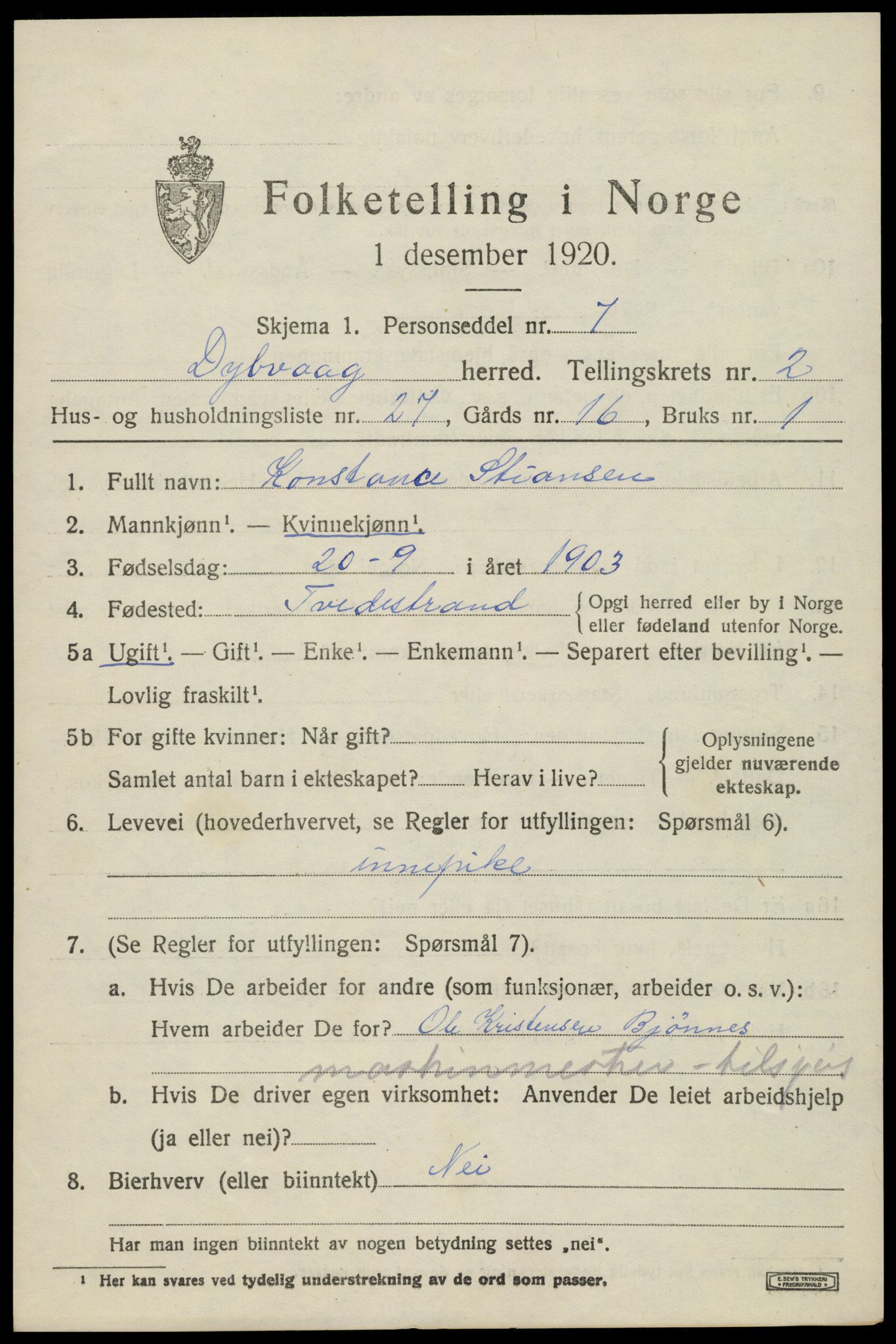 SAK, 1920 census for Dypvåg, 1920, p. 2291
