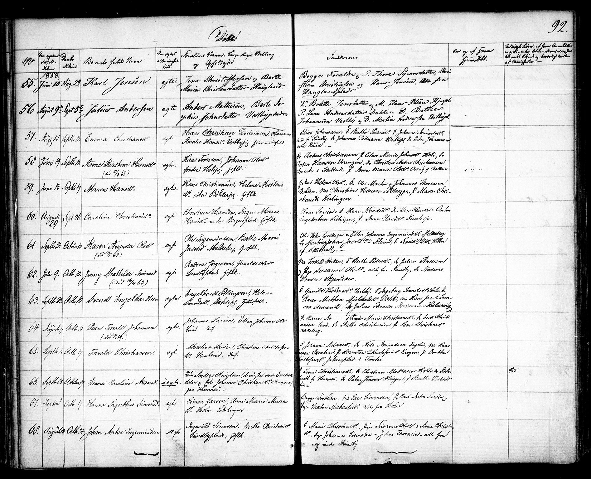 Spydeberg prestekontor Kirkebøker, SAO/A-10924/F/Fa/L0005: Parish register (official) no. I 5, 1842-1862, p. 92