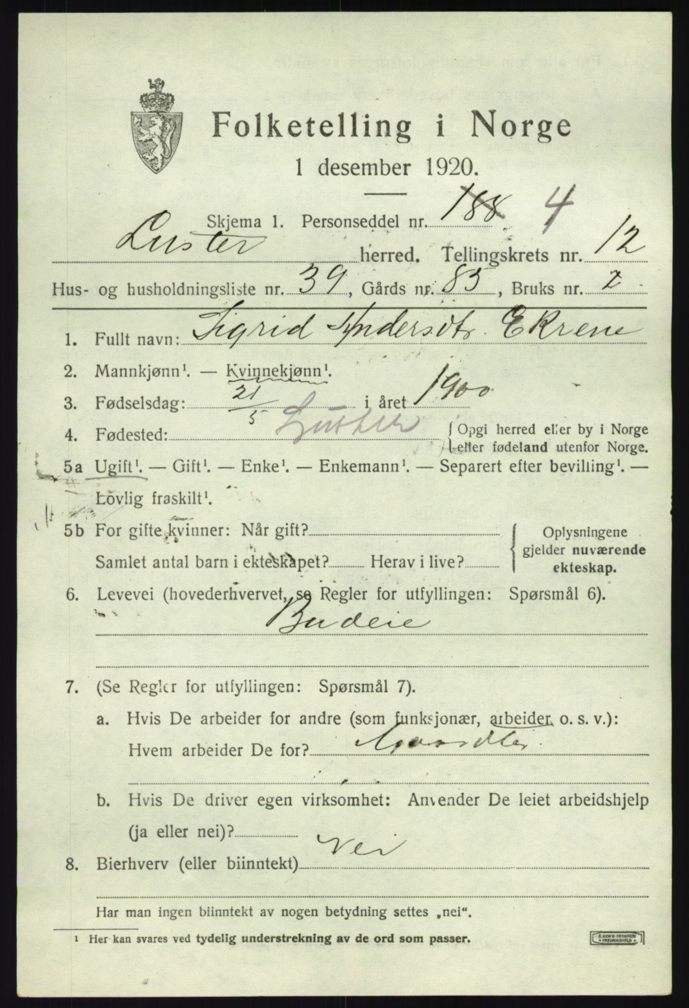 SAB, 1920 census for Luster, 1920, p. 6408