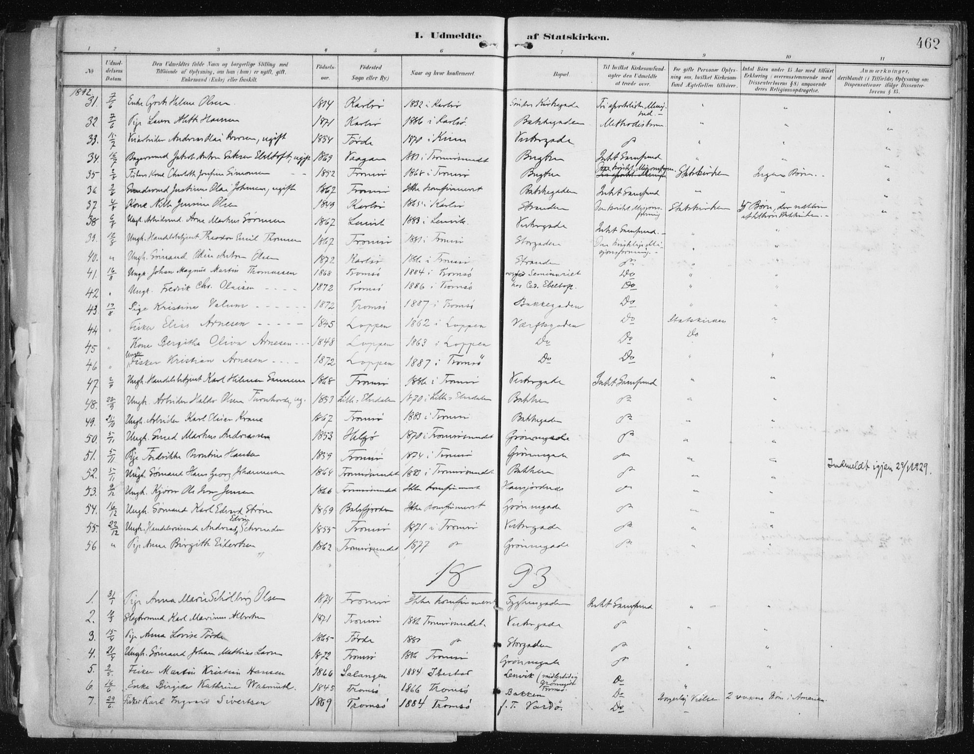 Tromsø sokneprestkontor/stiftsprosti/domprosti, SATØ/S-1343/G/Ga/L0015kirke: Parish register (official) no. 15, 1889-1899, p. 462