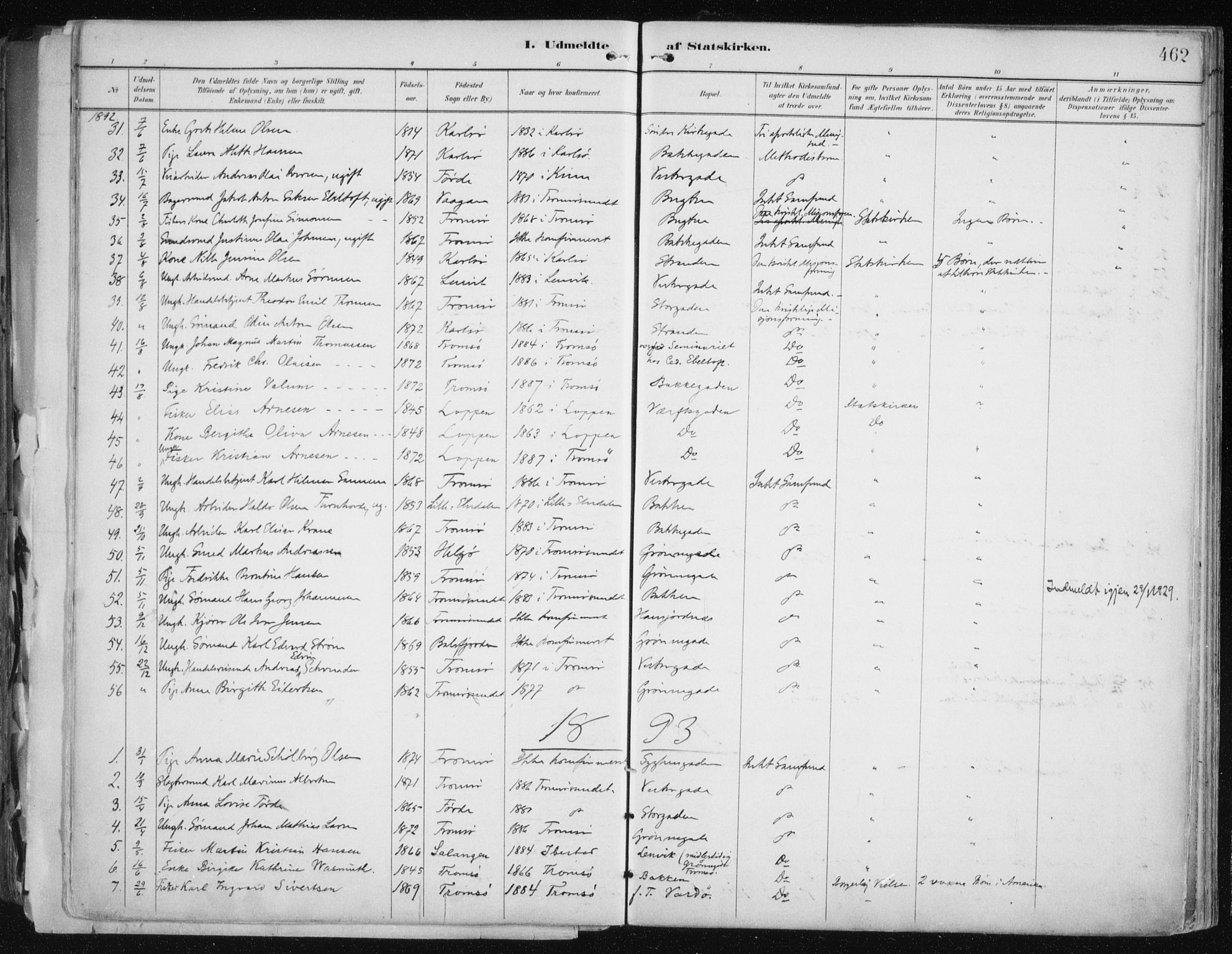 Tromsø sokneprestkontor/stiftsprosti/domprosti, AV/SATØ-S-1343/G/Ga/L0015kirke: Parish register (official) no. 15, 1889-1899, p. 462