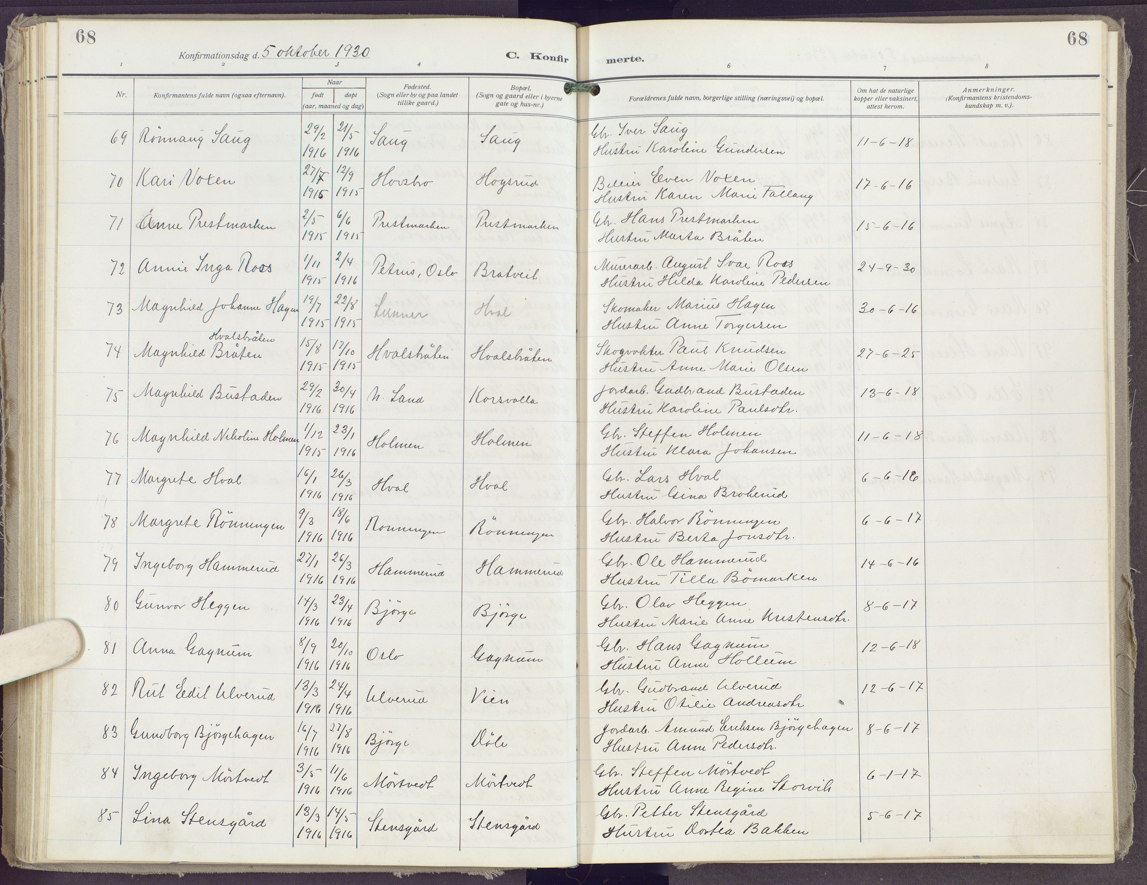 Gran prestekontor, AV/SAH-PREST-112/H/Ha/Haa/L0023: Parish register (official) no. 23, 1919-1938, p. 68