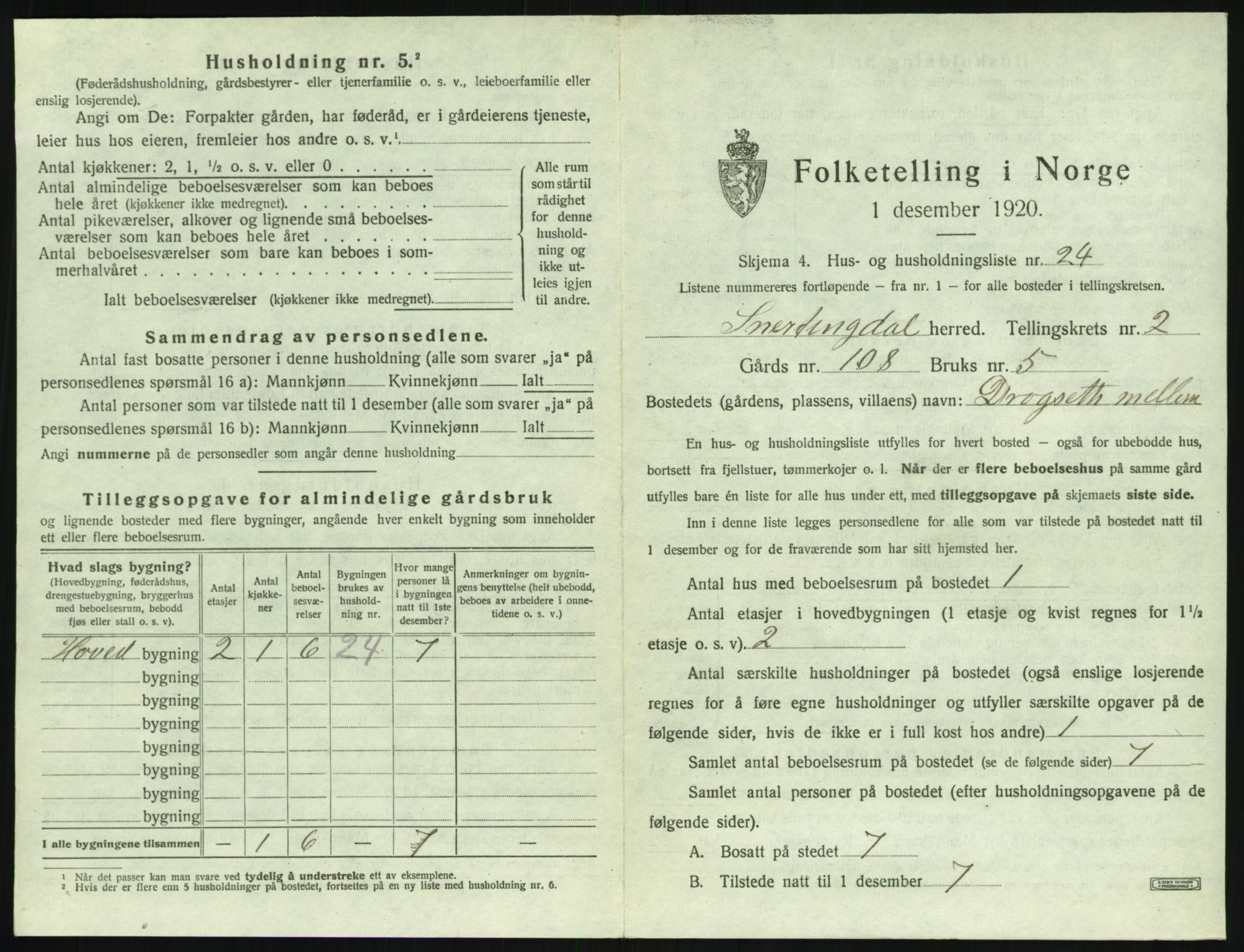 SAH, 1920 census for Snertingdal, 1920, p. 171