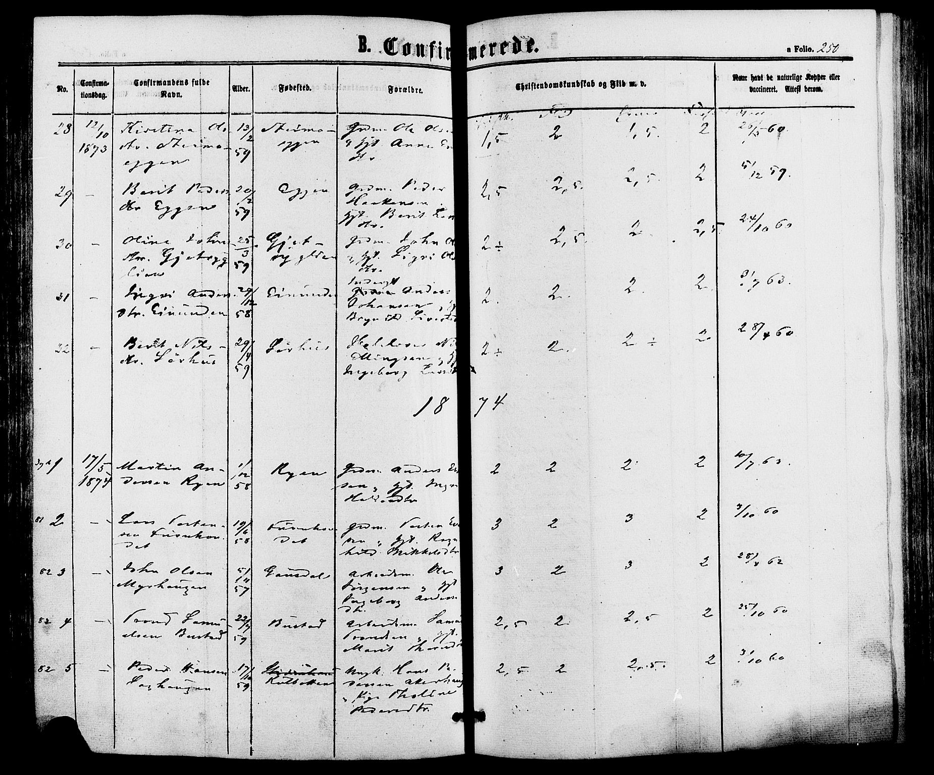 Alvdal prestekontor, SAH/PREST-060/H/Ha/Haa/L0001: Parish register (official) no. 1, 1863-1882, p. 250