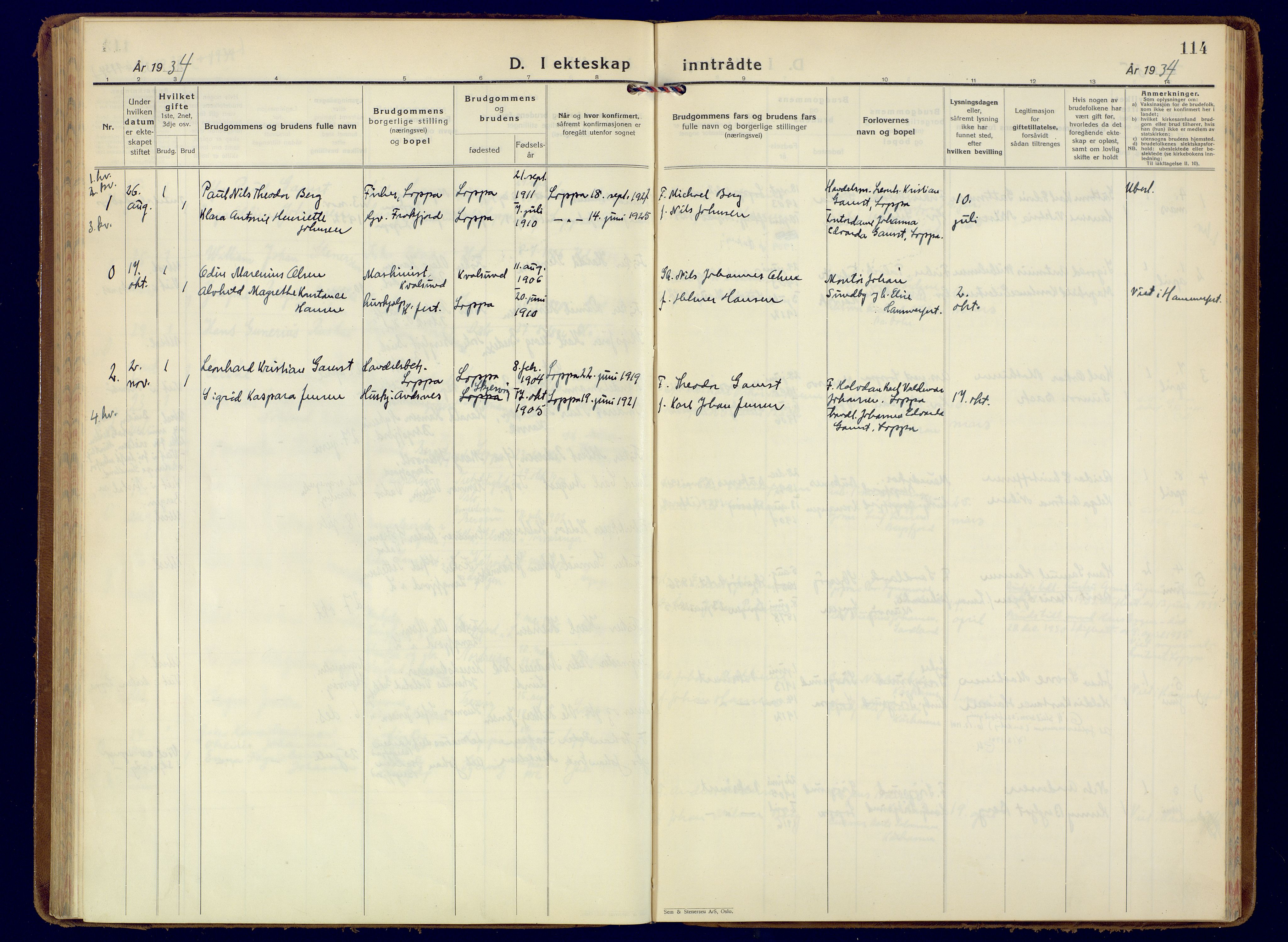 Loppa sokneprestkontor, SATØ/S-1339/H/Ha/L0014kirke: Parish register (official) no. 14, 1933-1942, p. 114