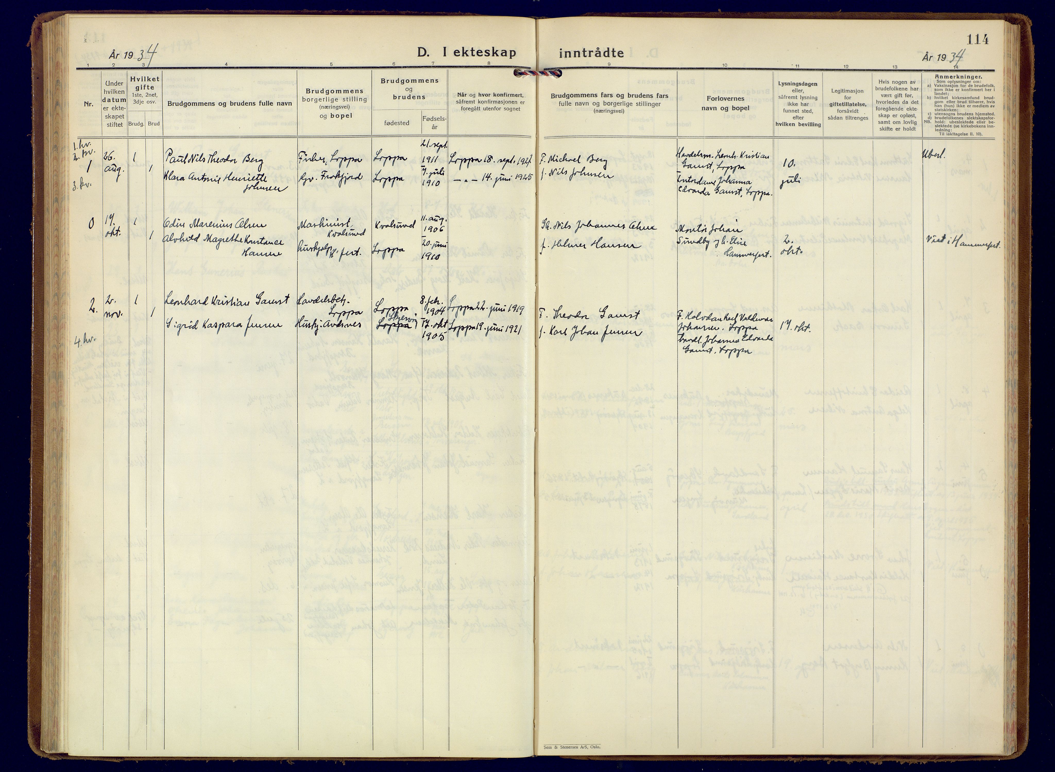 Loppa sokneprestkontor, AV/SATØ-S-1339/H/Ha/L0014kirke: Parish register (official) no. 14, 1933-1942, p. 114