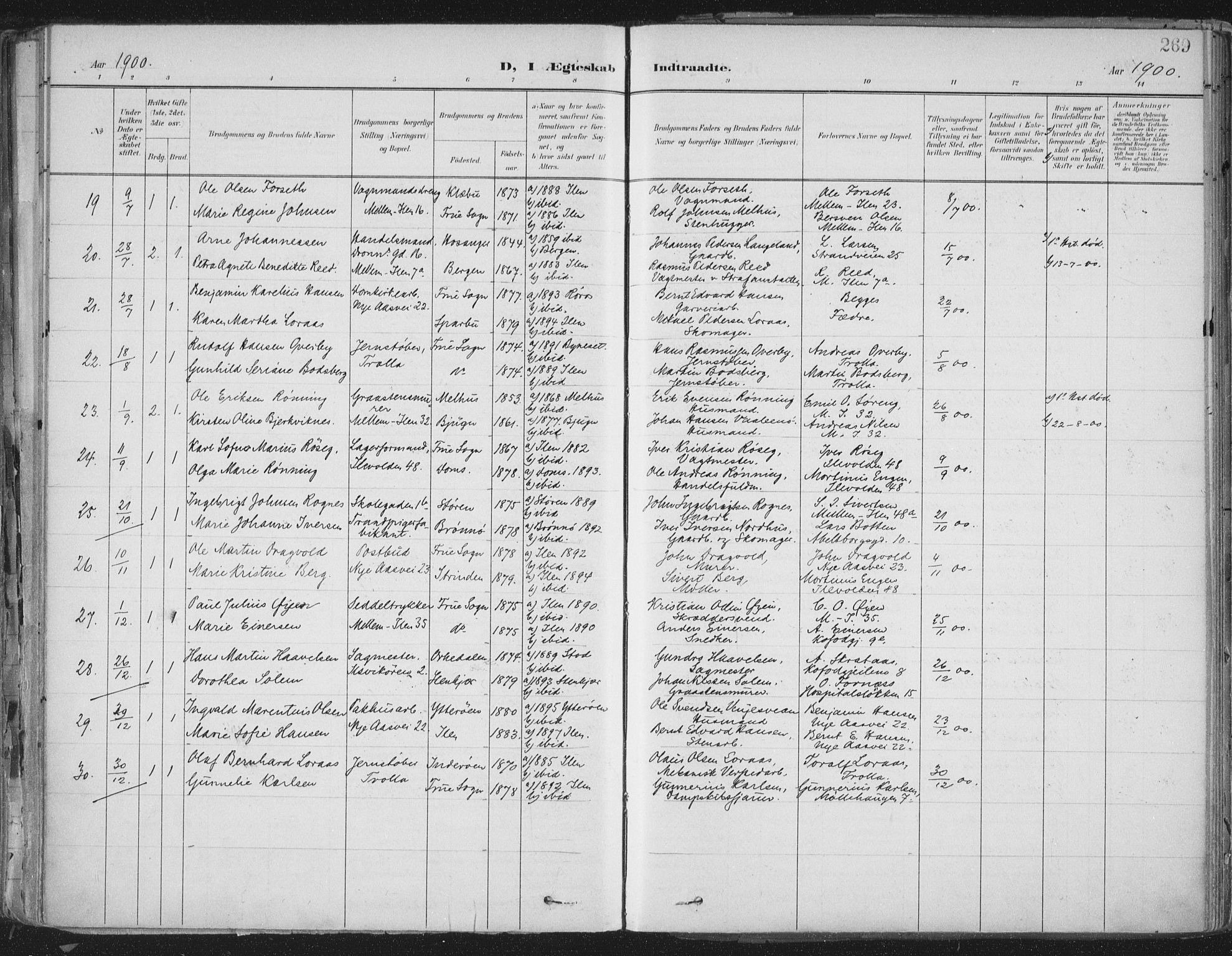 Ministerialprotokoller, klokkerbøker og fødselsregistre - Sør-Trøndelag, SAT/A-1456/603/L0167: Parish register (official) no. 603A06, 1896-1932, p. 269