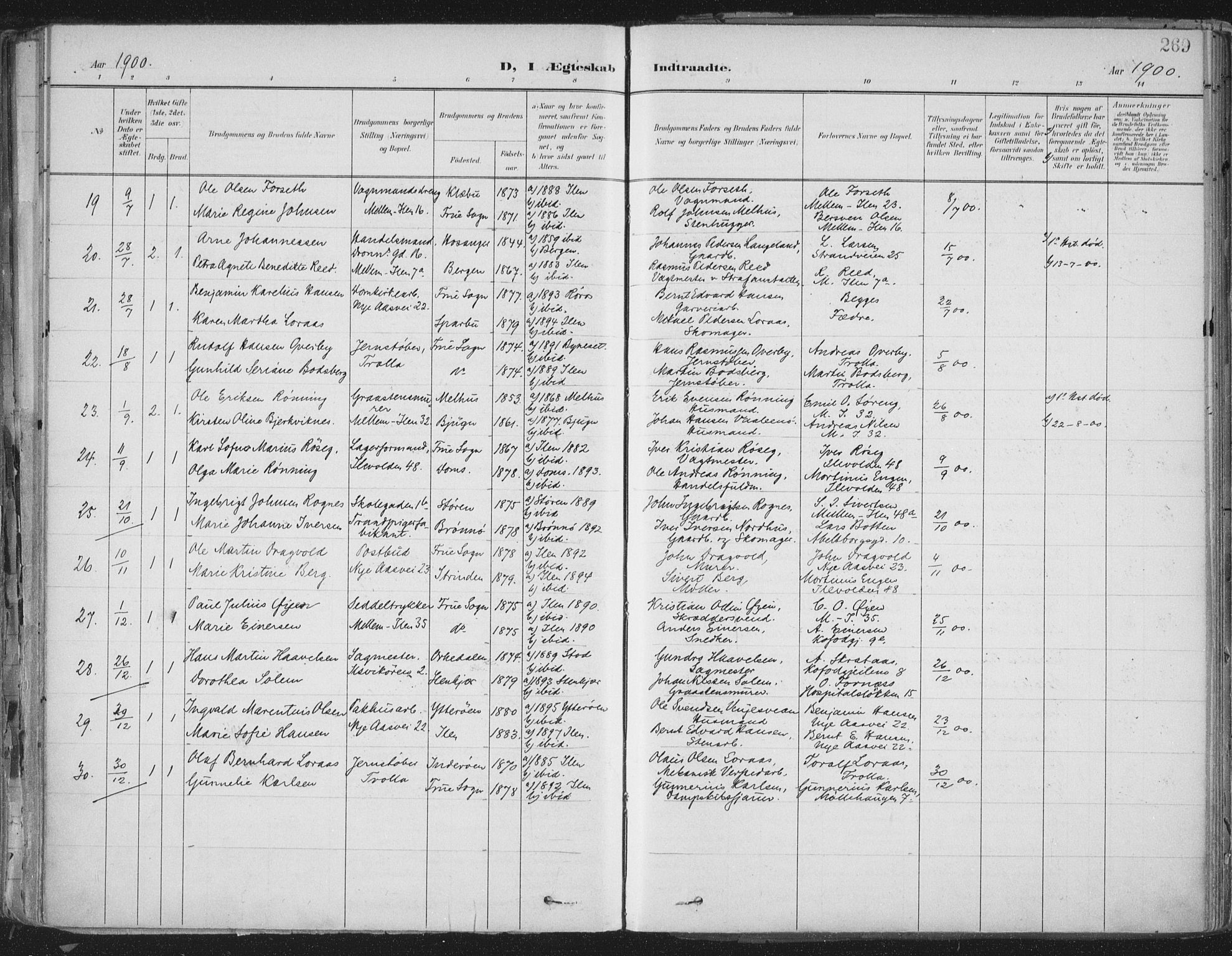 Ministerialprotokoller, klokkerbøker og fødselsregistre - Sør-Trøndelag, AV/SAT-A-1456/603/L0167: Parish register (official) no. 603A06, 1896-1932, p. 269