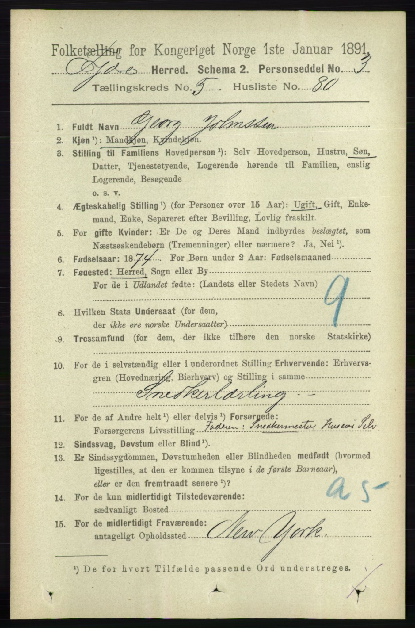 RA, 1891 census for 0923 Fjære, 1891, p. 2830