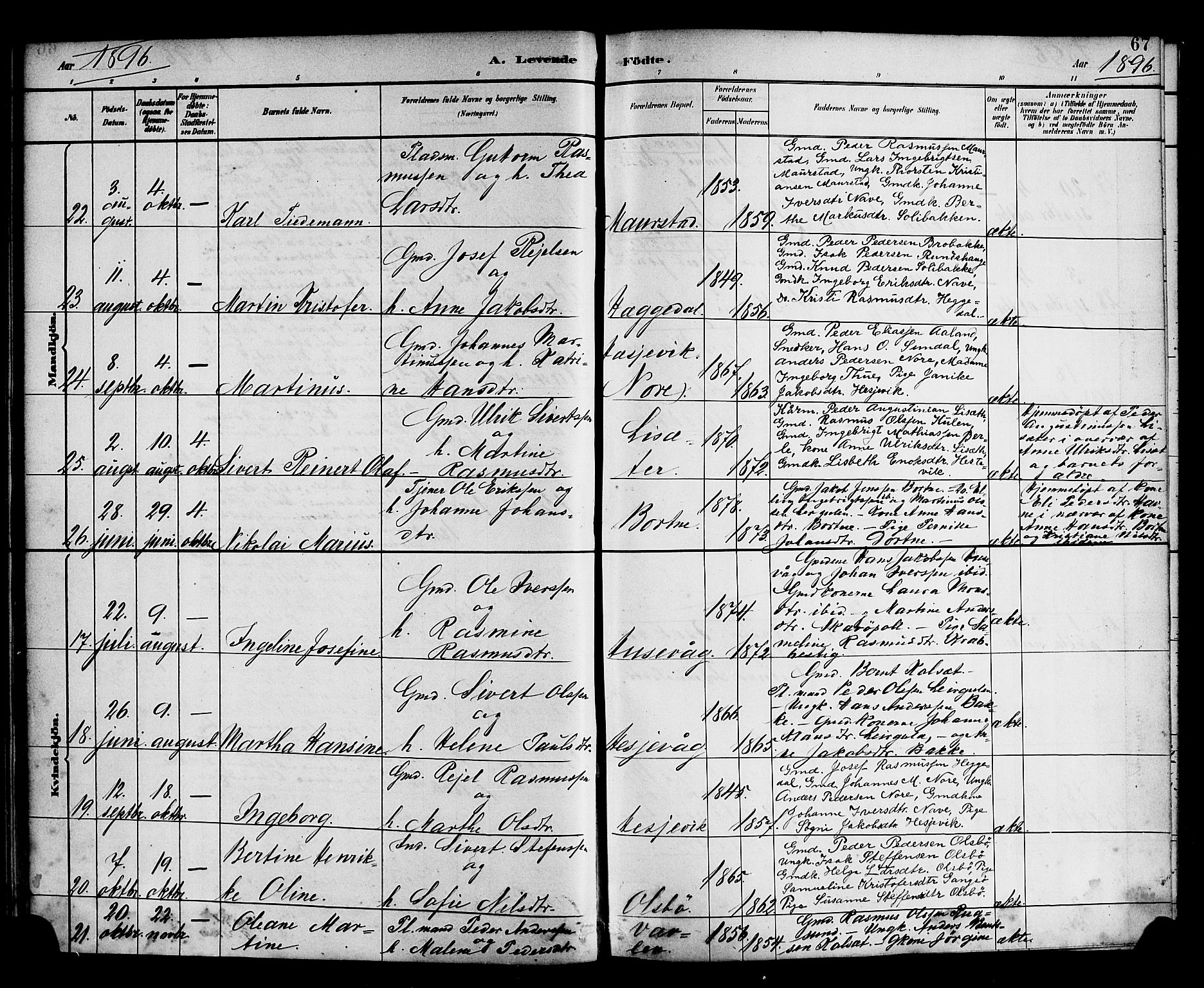 Davik sokneprestembete, AV/SAB-A-79701/H/Haa/Haad/L0001: Parish register (official) no. D 1, 1882-1900, p. 67