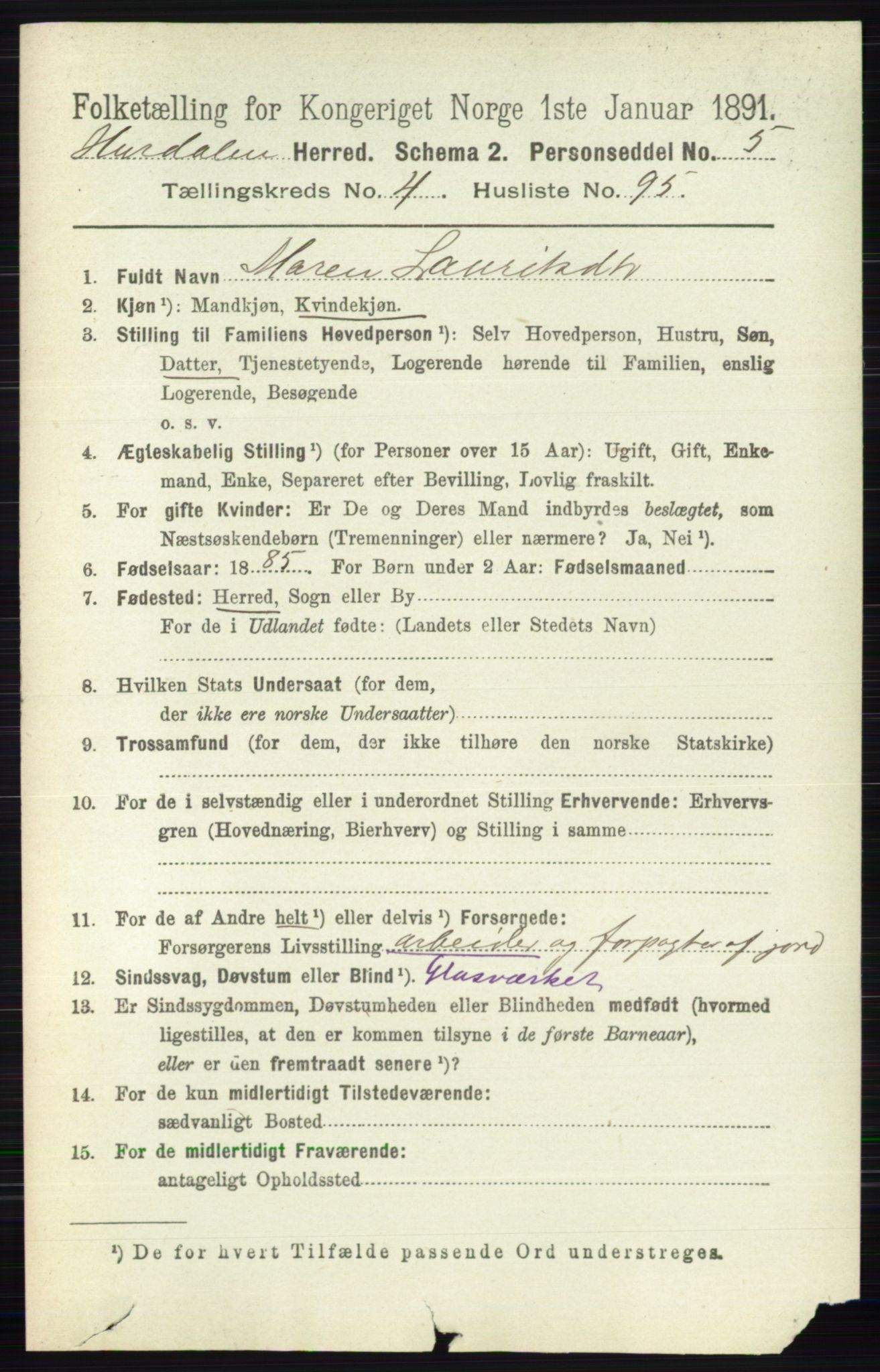 RA, 1891 census for 0239 Hurdal, 1891, p. 1996