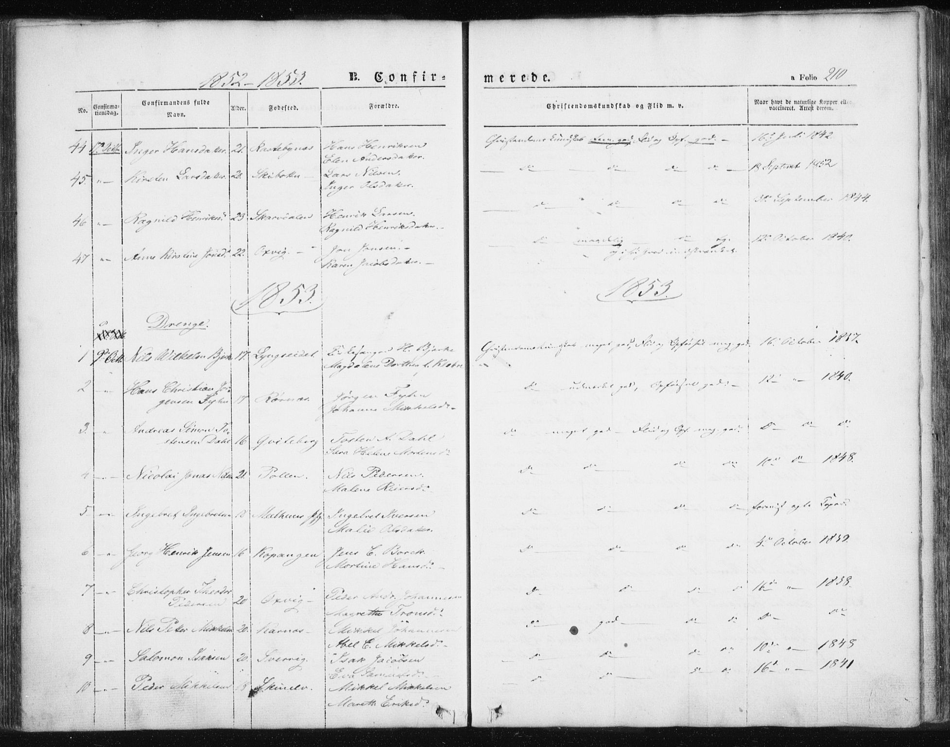 Lyngen sokneprestembete, SATØ/S-1289/H/He/Hea/L0004kirke: Parish register (official) no. 4, 1839-1858, p. 210