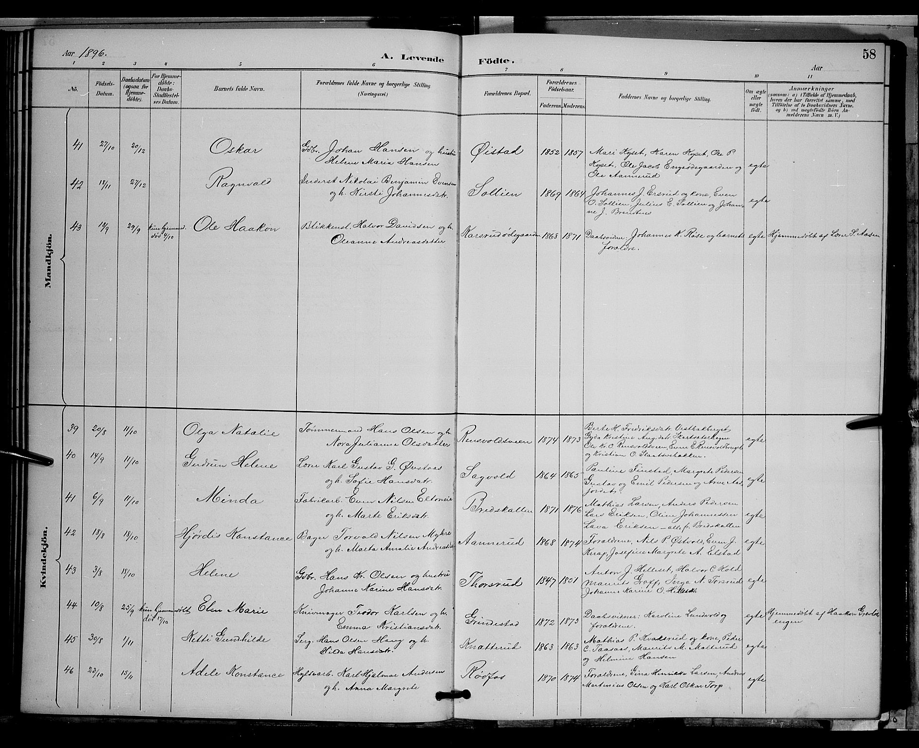 Vestre Toten prestekontor, AV/SAH-PREST-108/H/Ha/Hab/L0009: Parish register (copy) no. 9, 1888-1900, p. 58