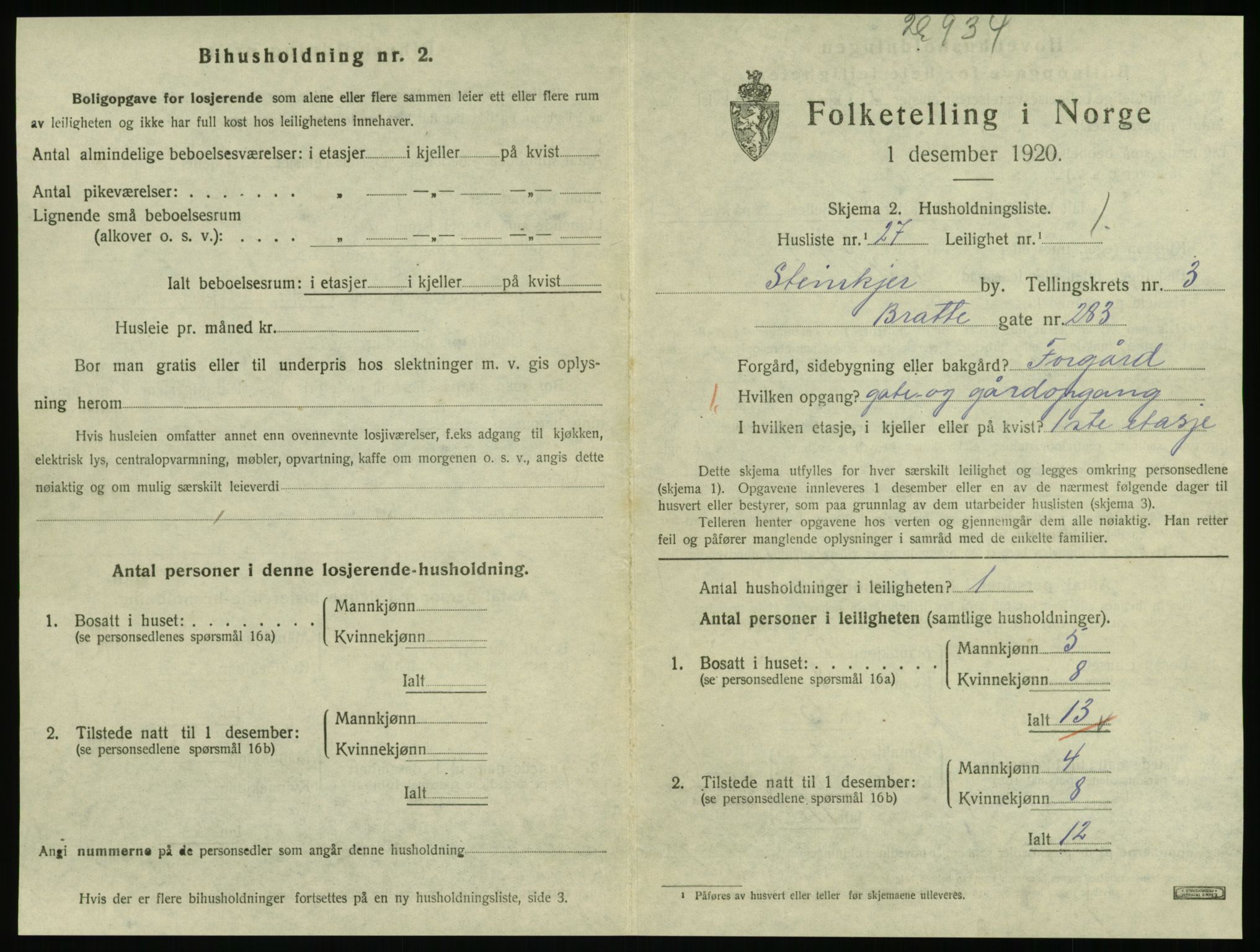 SAT, 1920 census for Steinkjer, 1920, p. 1982