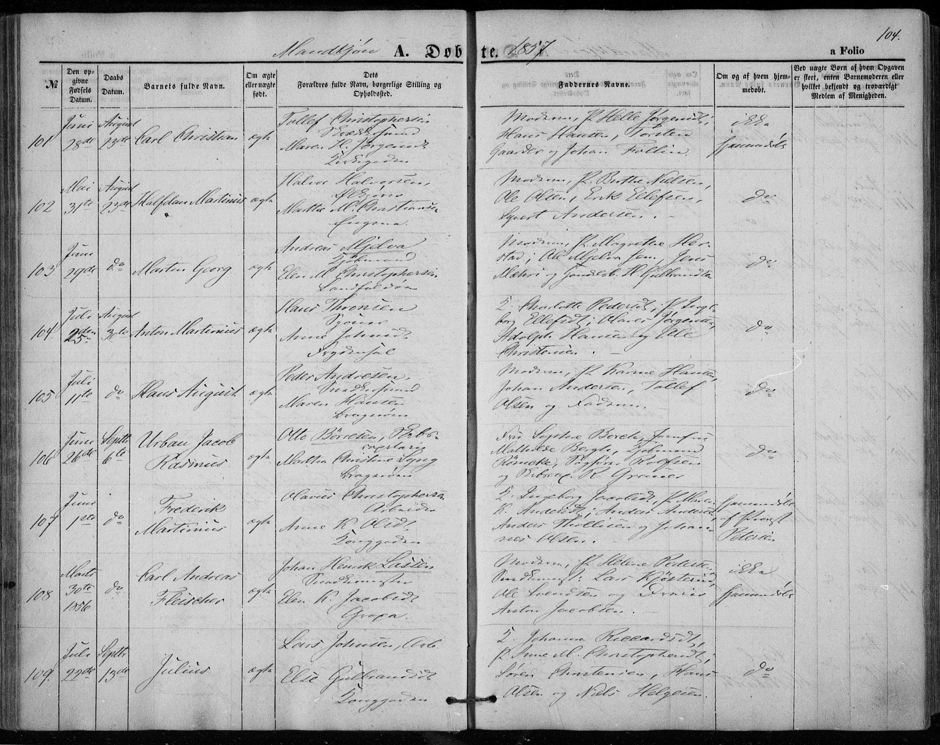 Bragernes kirkebøker, SAKO/A-6/F/Fb/L0002: Parish register (official) no. II 2, 1848-1859, p. 104