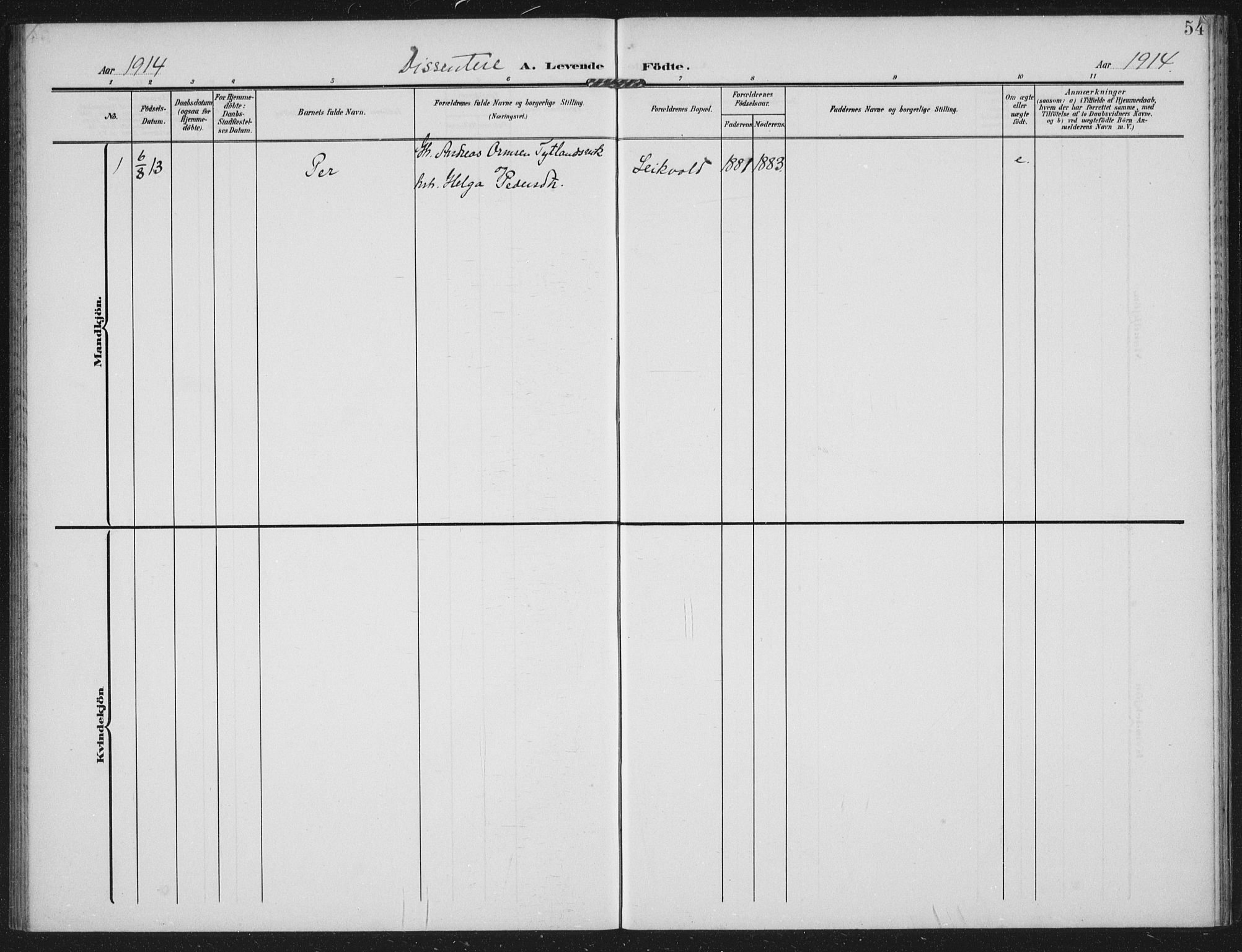 Hetland sokneprestkontor, AV/SAST-A-101826/30/30BA: Parish register (official) no. A 14, 1905-1919, p. 54