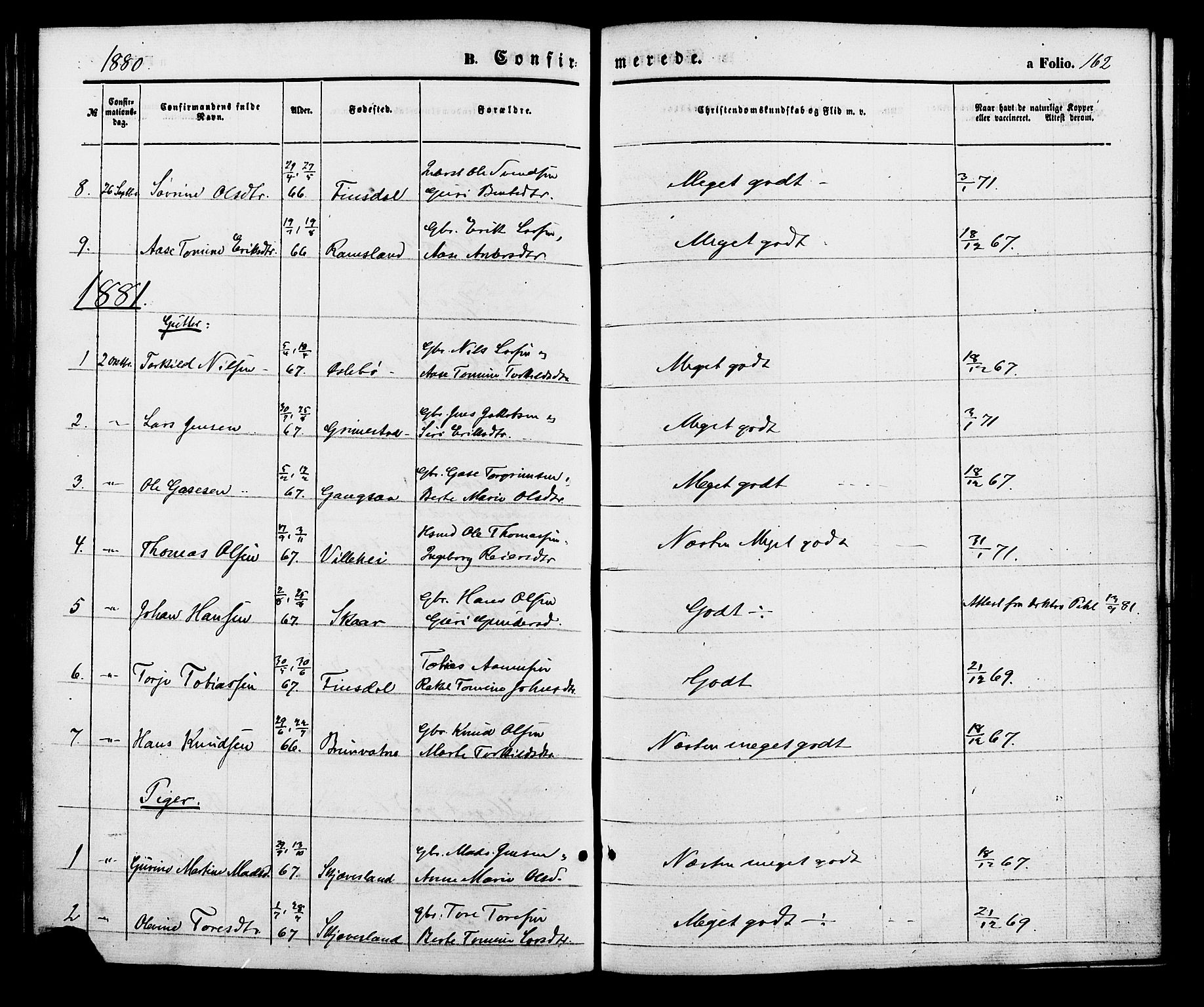 Holum sokneprestkontor, AV/SAK-1111-0022/F/Fa/Fac/L0003: Parish register (official) no. A 3, 1860-1883, p. 162