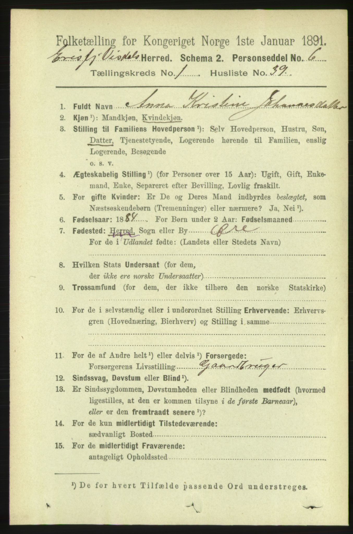 RA, 1891 census for 1542 Eresfjord og Vistdal, 1891, p. 302