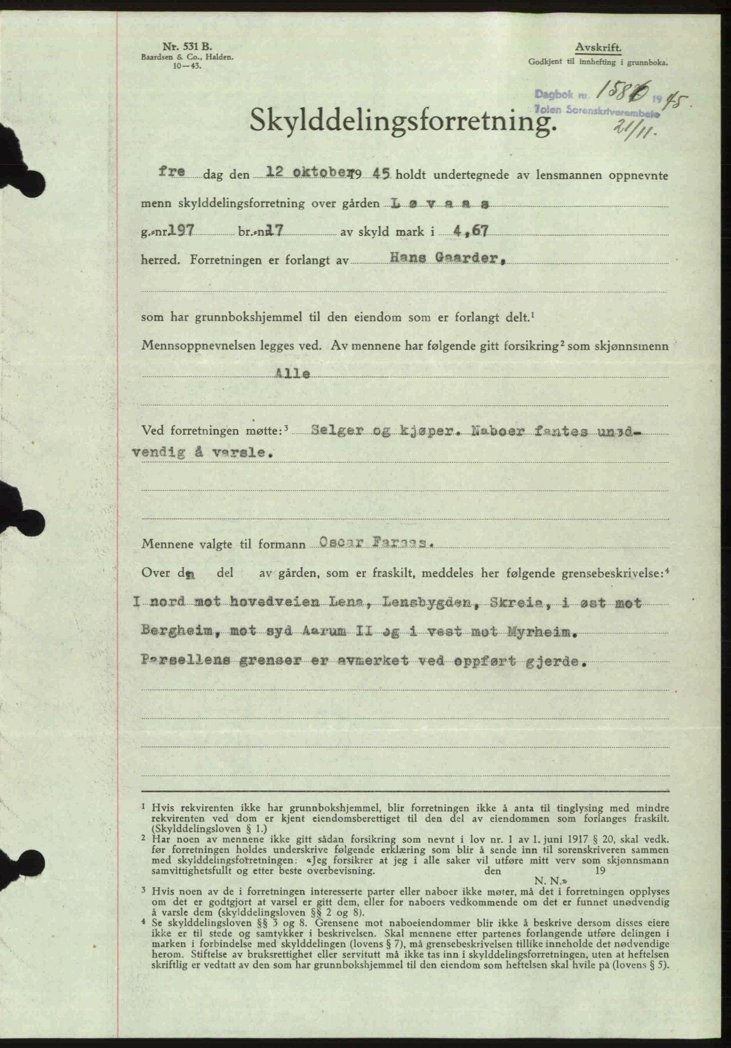 Toten tingrett, SAH/TING-006/H/Hb/Hbc/L0013: Mortgage book no. Hbc-13, 1945-1945, Diary no: : 1586/1945