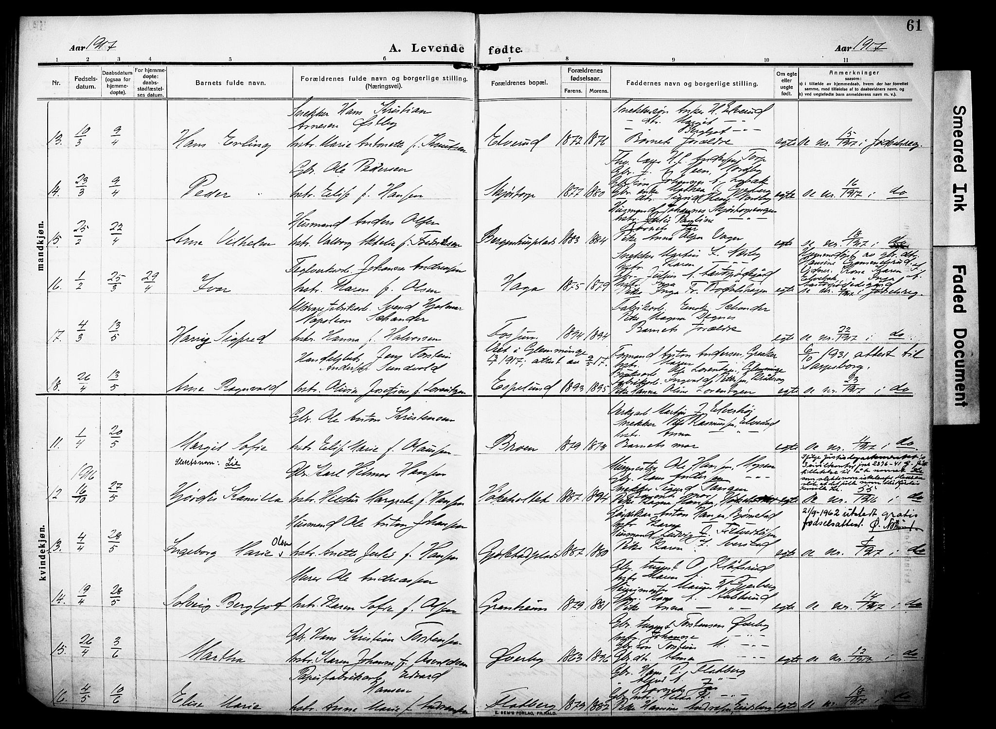 Rakkestad prestekontor Kirkebøker, AV/SAO-A-2008/F/Fa/L0015: Parish register (official) no. I 15, 1909-1922, p. 61